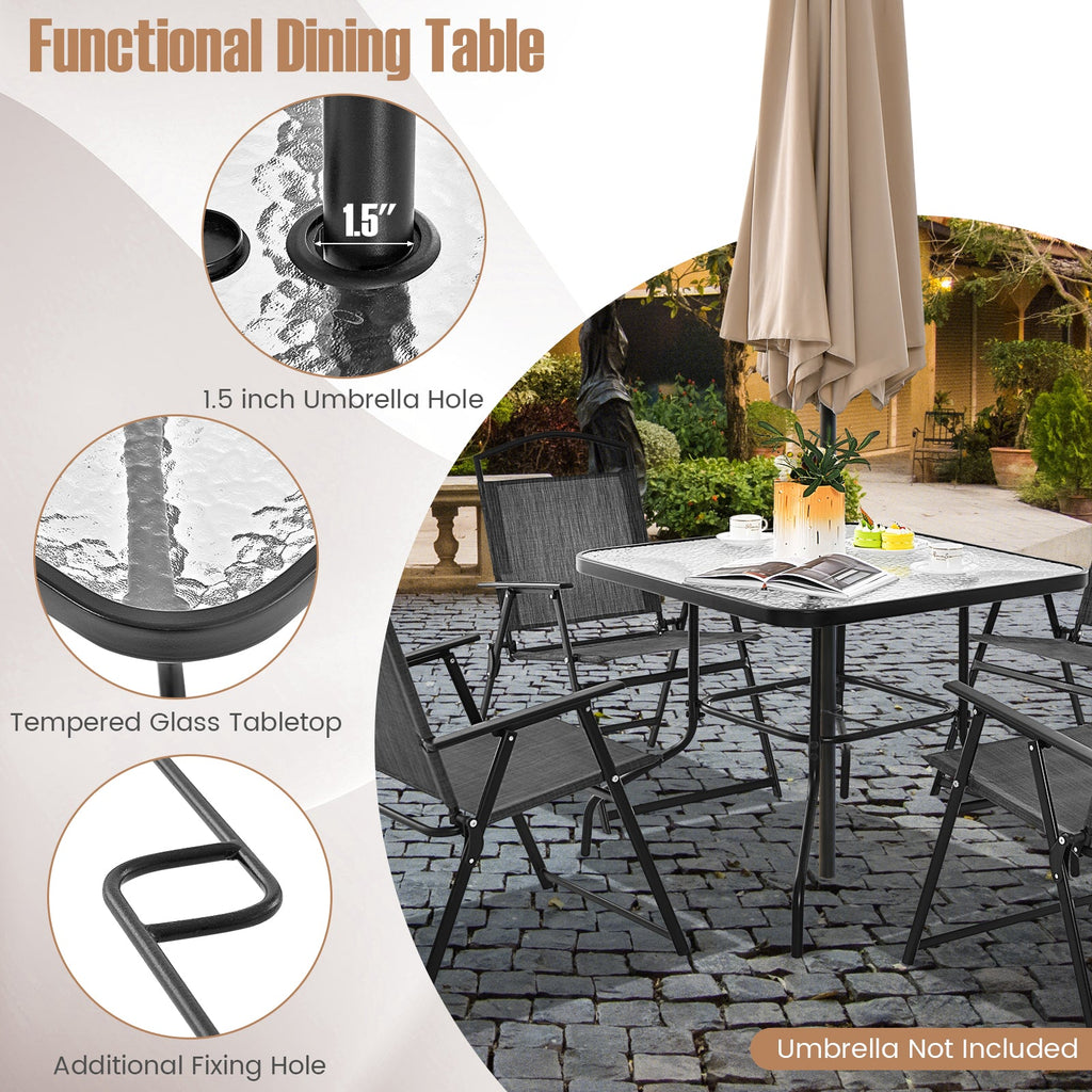 34 Inch Outdoor Dining Table Square Tempered Glass Table with 1.5 Inch Umbrella Hole-Black