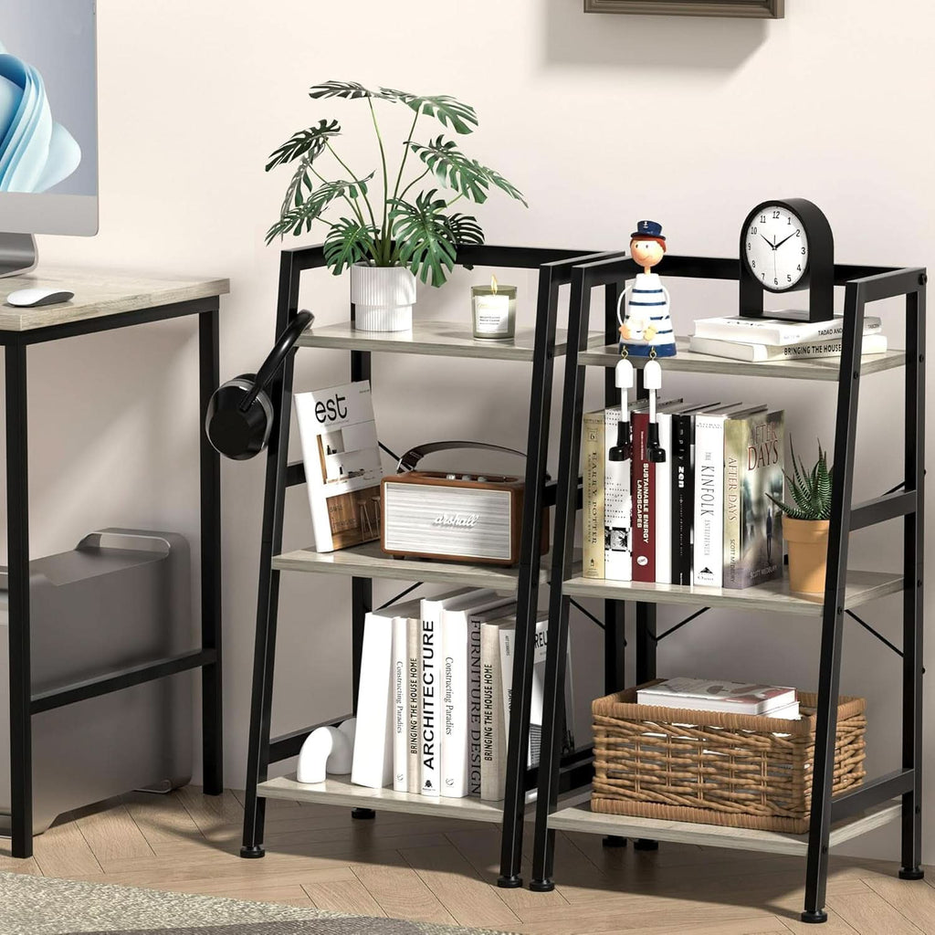 3-Tier Ladder Bookshelf With Steel Frame Greige Black