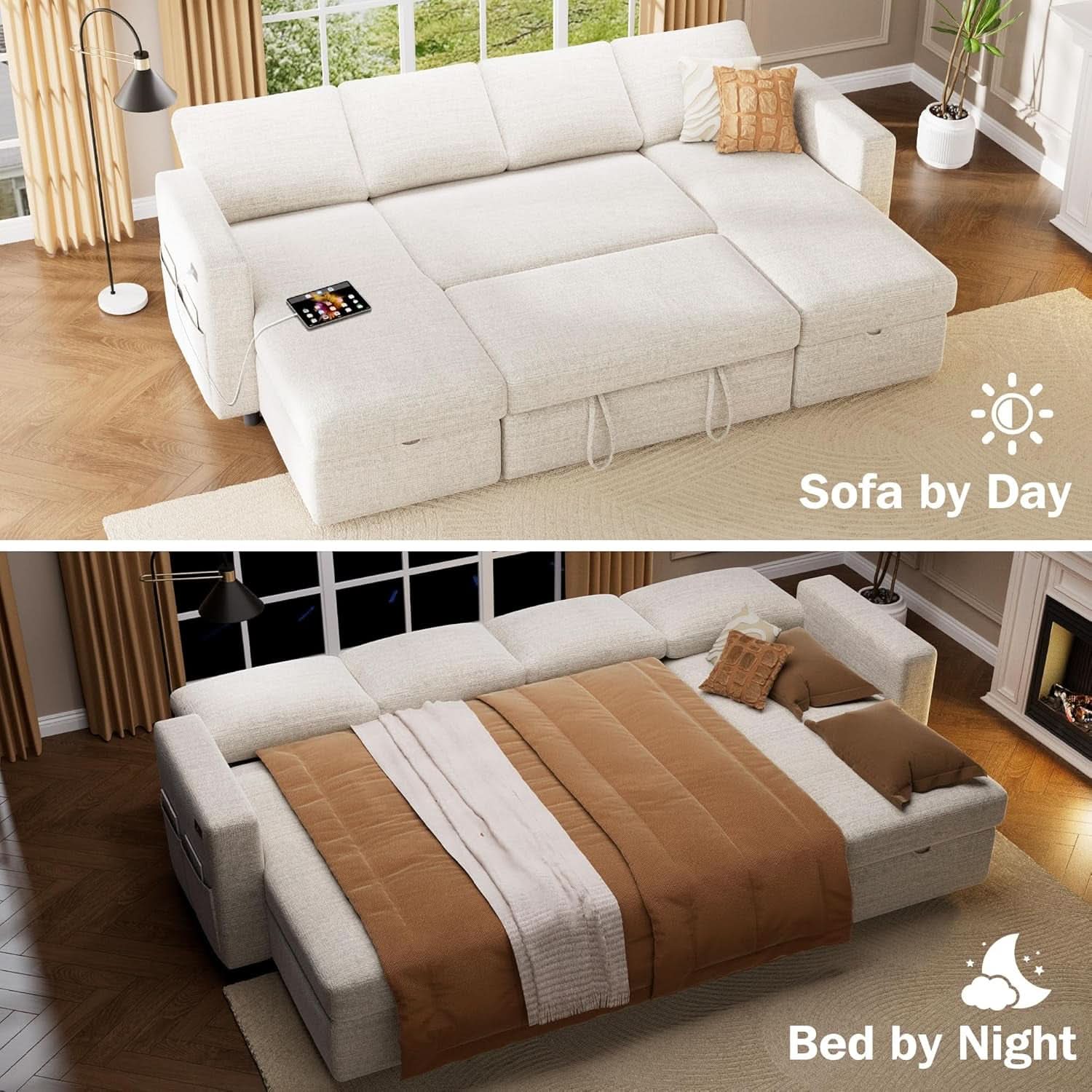 105Inch UShaped SectionalSofa With Pullout Bed Beige