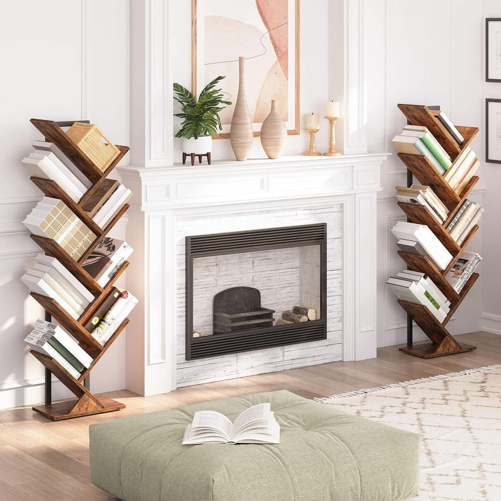 Tree Bookshelf 9 Tier Rustic Brown Living Room Bookcase