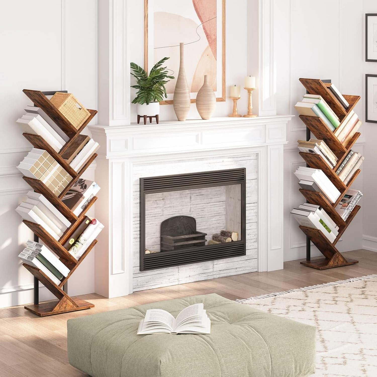 Tree Bookshelf 9 Tier Rustic Brown Living Room Bookcase