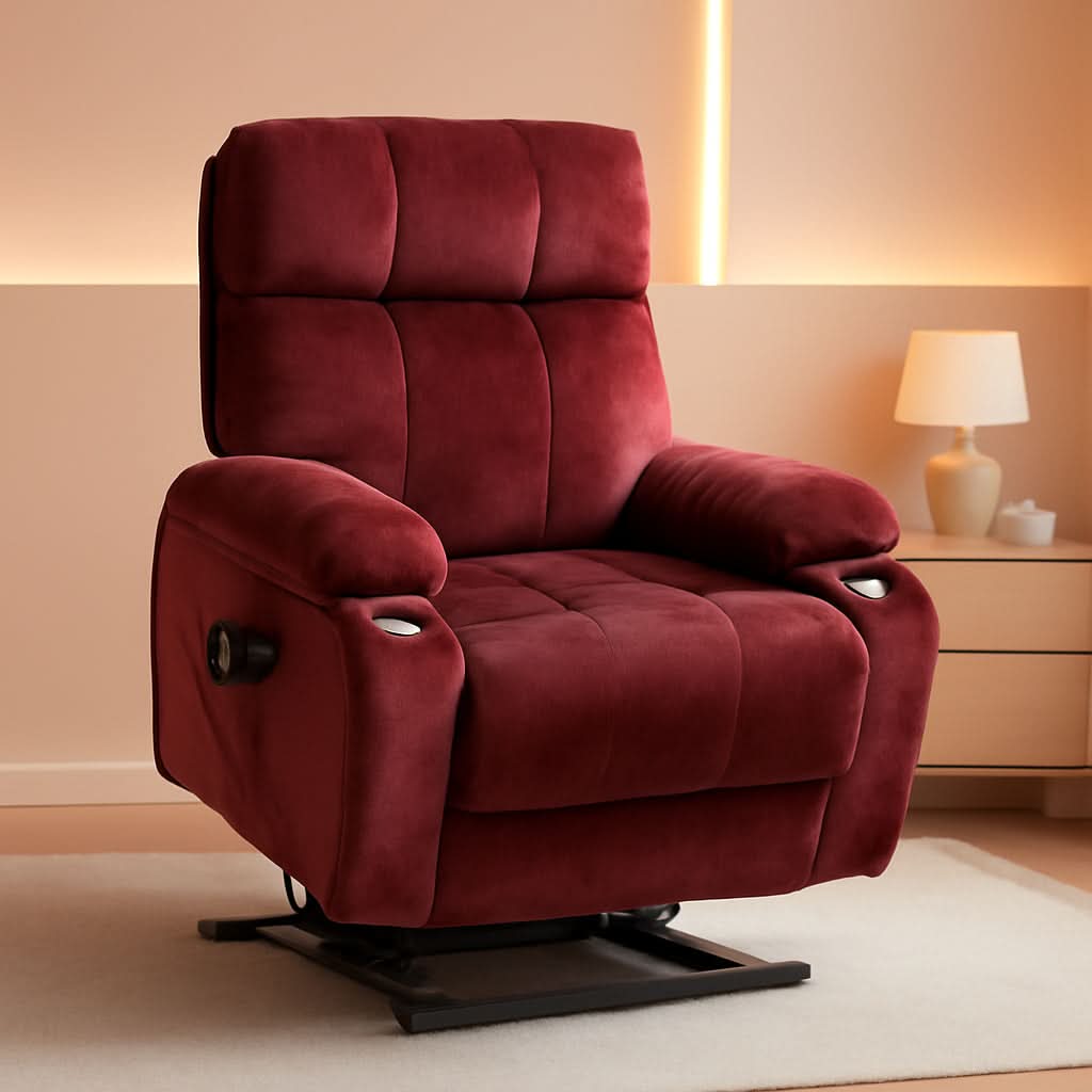 Red 180 Degree Flat Sleeping Electric Dual OKIN Motor Lift Recliner Chair With Heating
