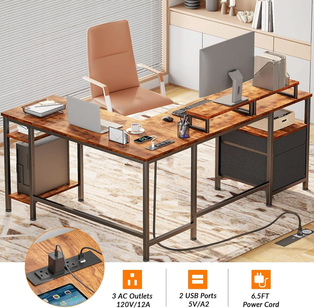 59-Inch L-Shaped Desk with Power Outlet and Shelves