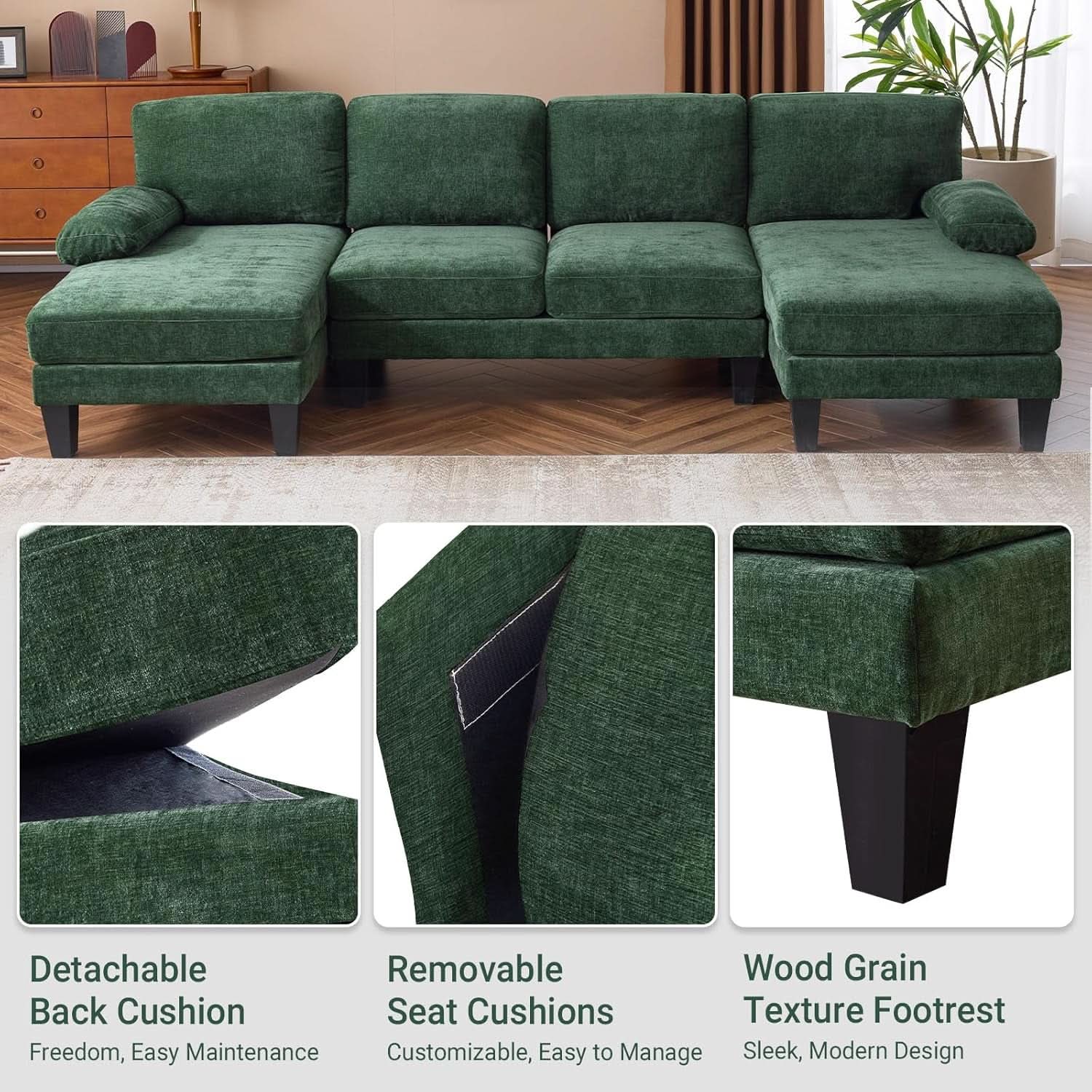 Forest Green U-Shaped Sectional Sofa with Double Chaise