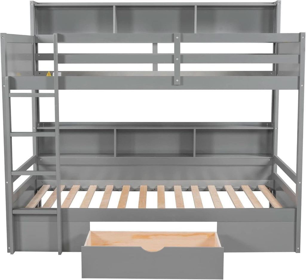Grey Wood Twin Over Twin Bunk Bed With Storage Shelves And Drawer