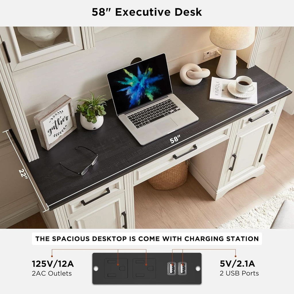 76-Inch Farmhouse Desk Hutch in Off White