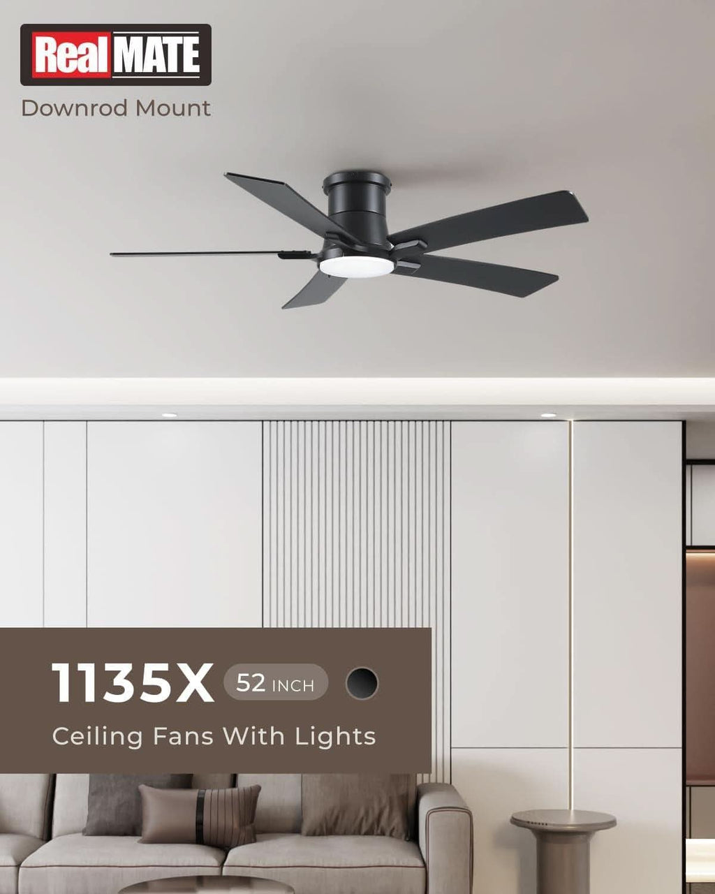 52 Inch Matte Black Flush Mount Ceiling Fan With Lights