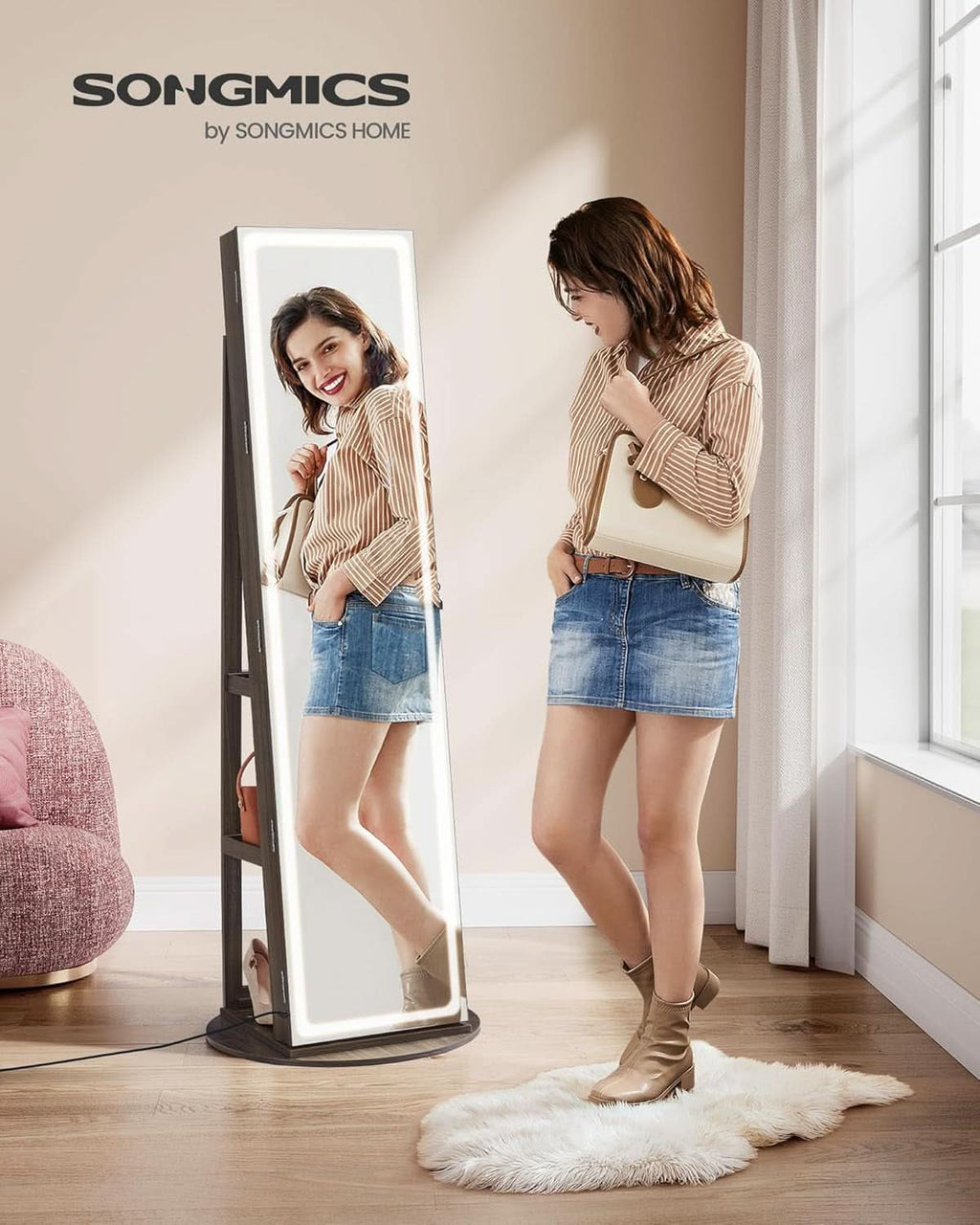 Ash Brown Lockable LED Full Length Mirror Jewelry Cabinet