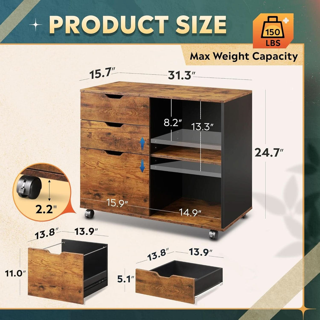 Mobile 3 Drawer Wood File Cabinet With Open Storage Shelves Rustic Brown