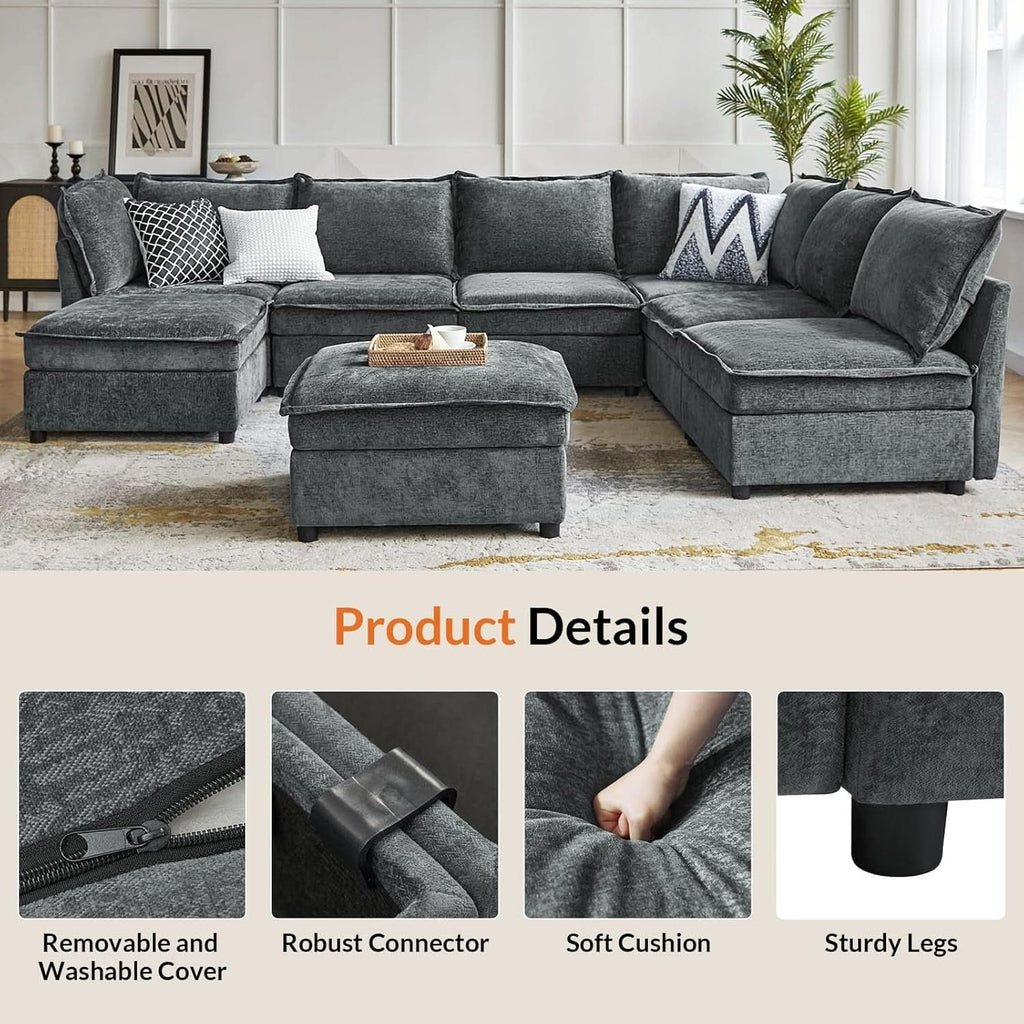 127 Inch Grey Modular Sectional Sofa With Storage Ottoman