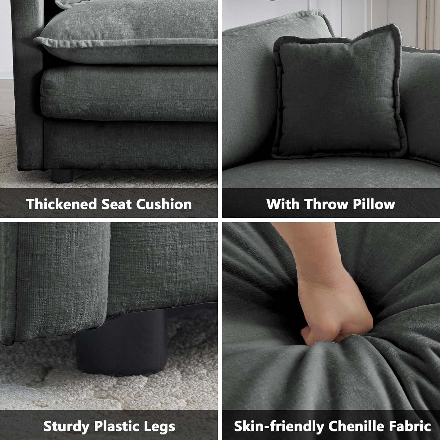 Grey Chenille 2 Piece Loveseat Armchair Set With Pillows