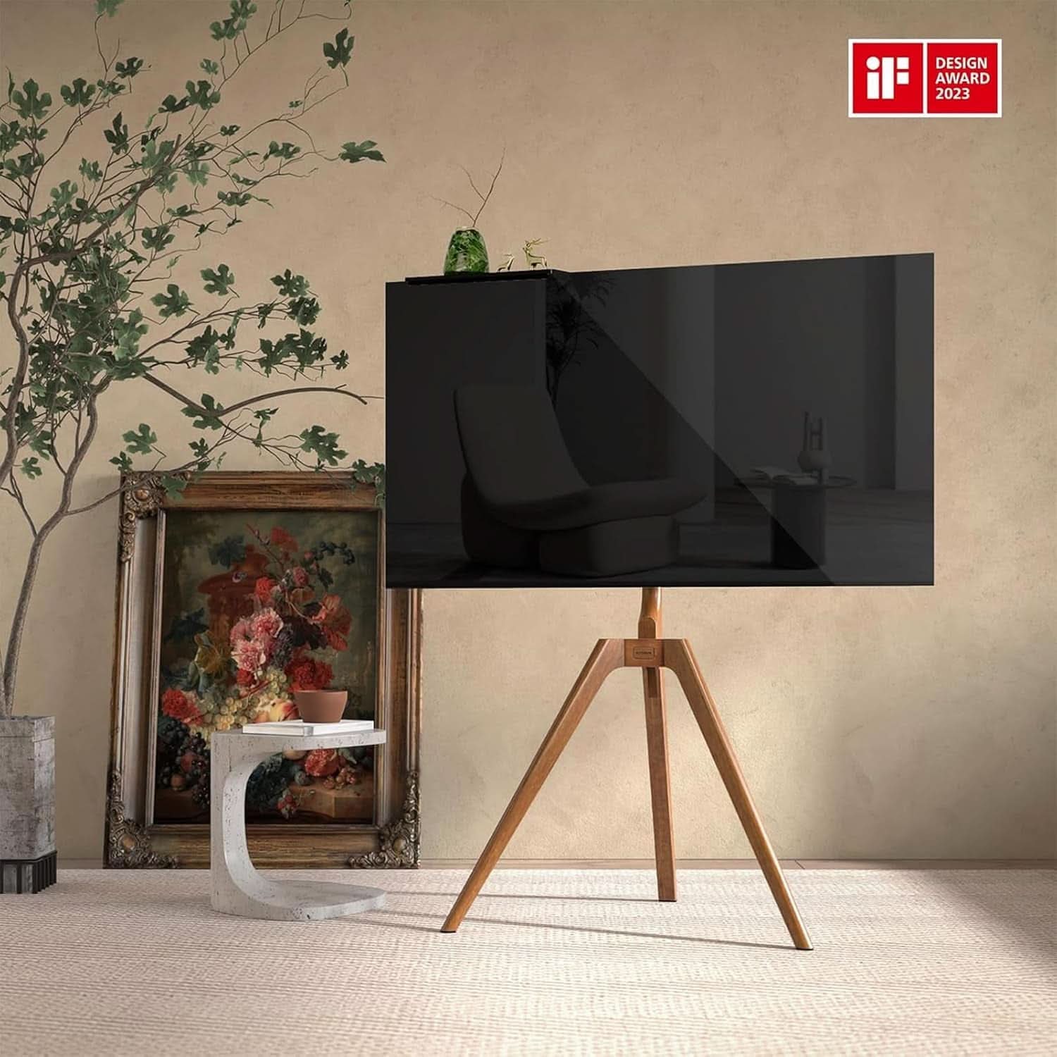 Wood Easel TV Stand For 45 To 65 Inch TVs Walnut Floor
