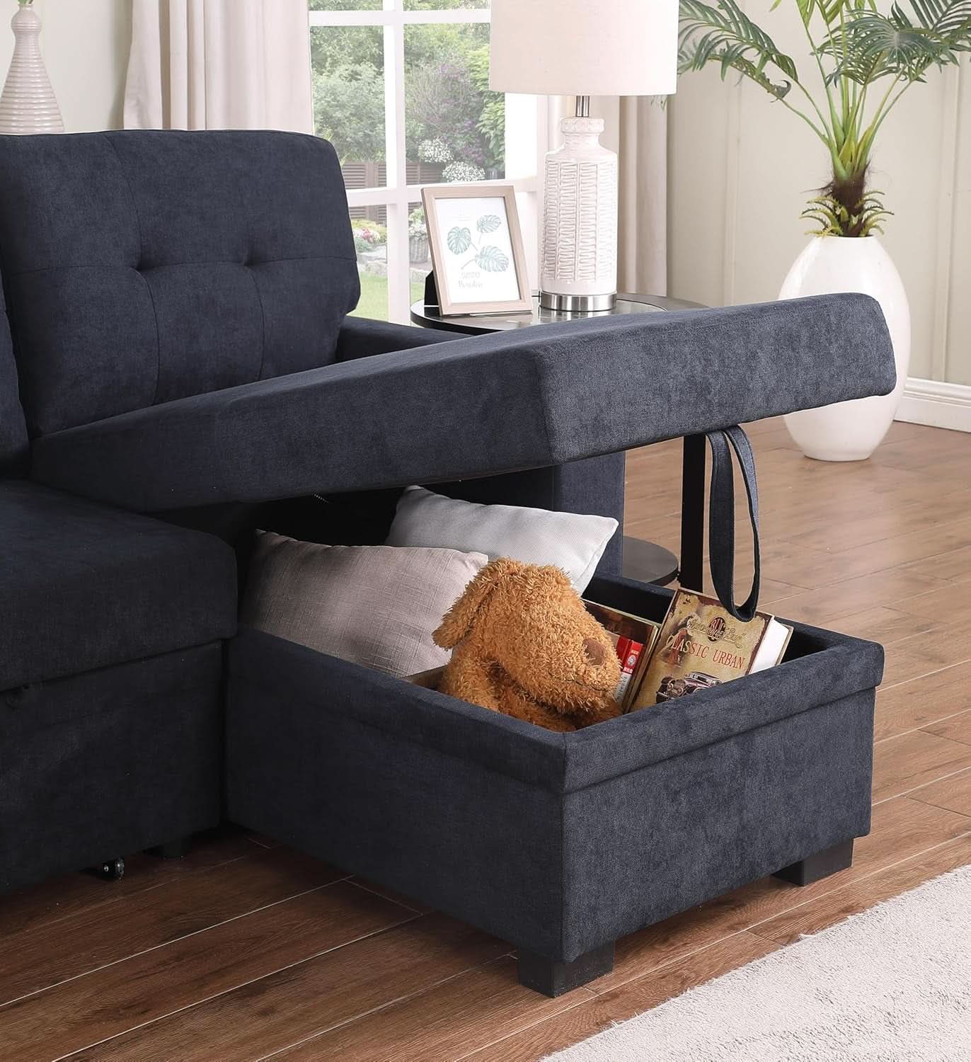 85Inch Dark Gray Reversible Sleeper Sectional Sofa