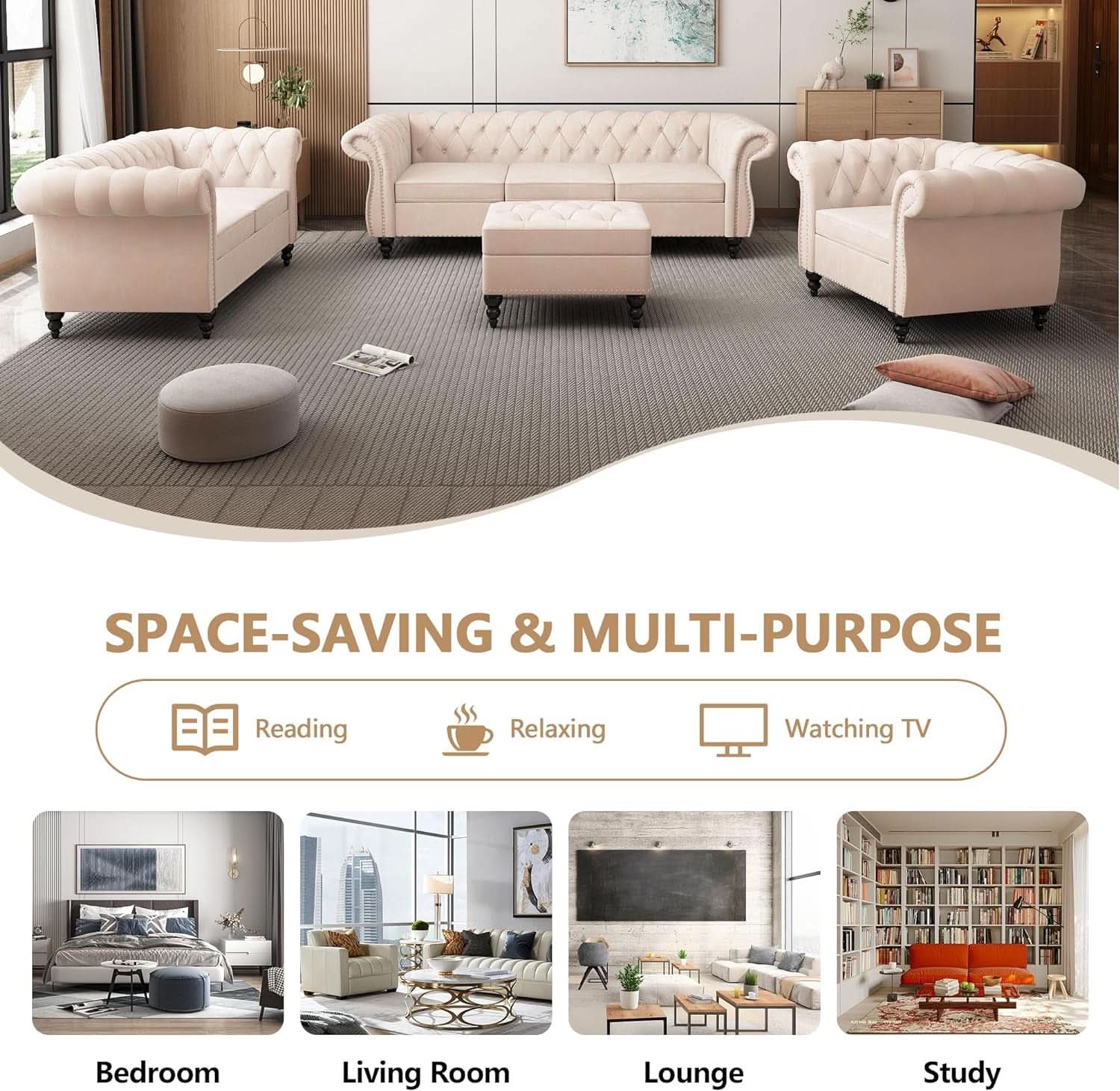 Beige Velvet 3 Piece Living Room Set With Chesterfield Sectional Sofa And Loveseat