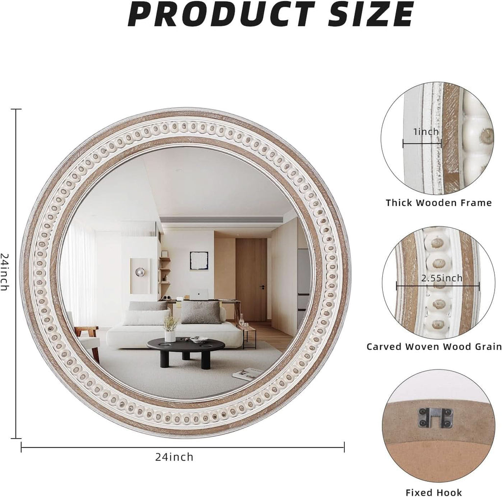 24 Inch Round Wood Bathroom Mirror Rustic Farmhouse Frame