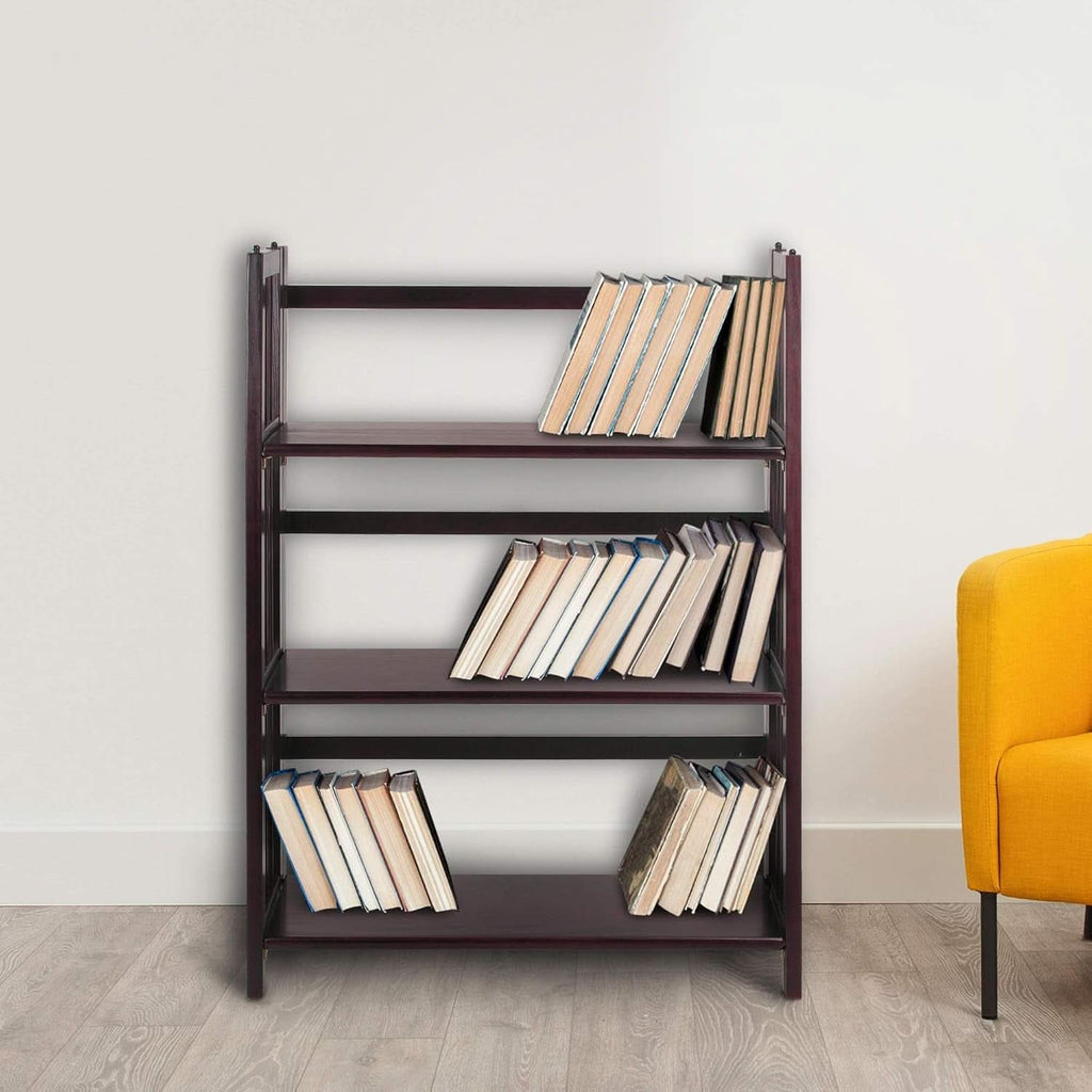 Three Shelf Folding Stackable Bookcase 27.5 Inch Wide Espresso Wood Home Office Storage