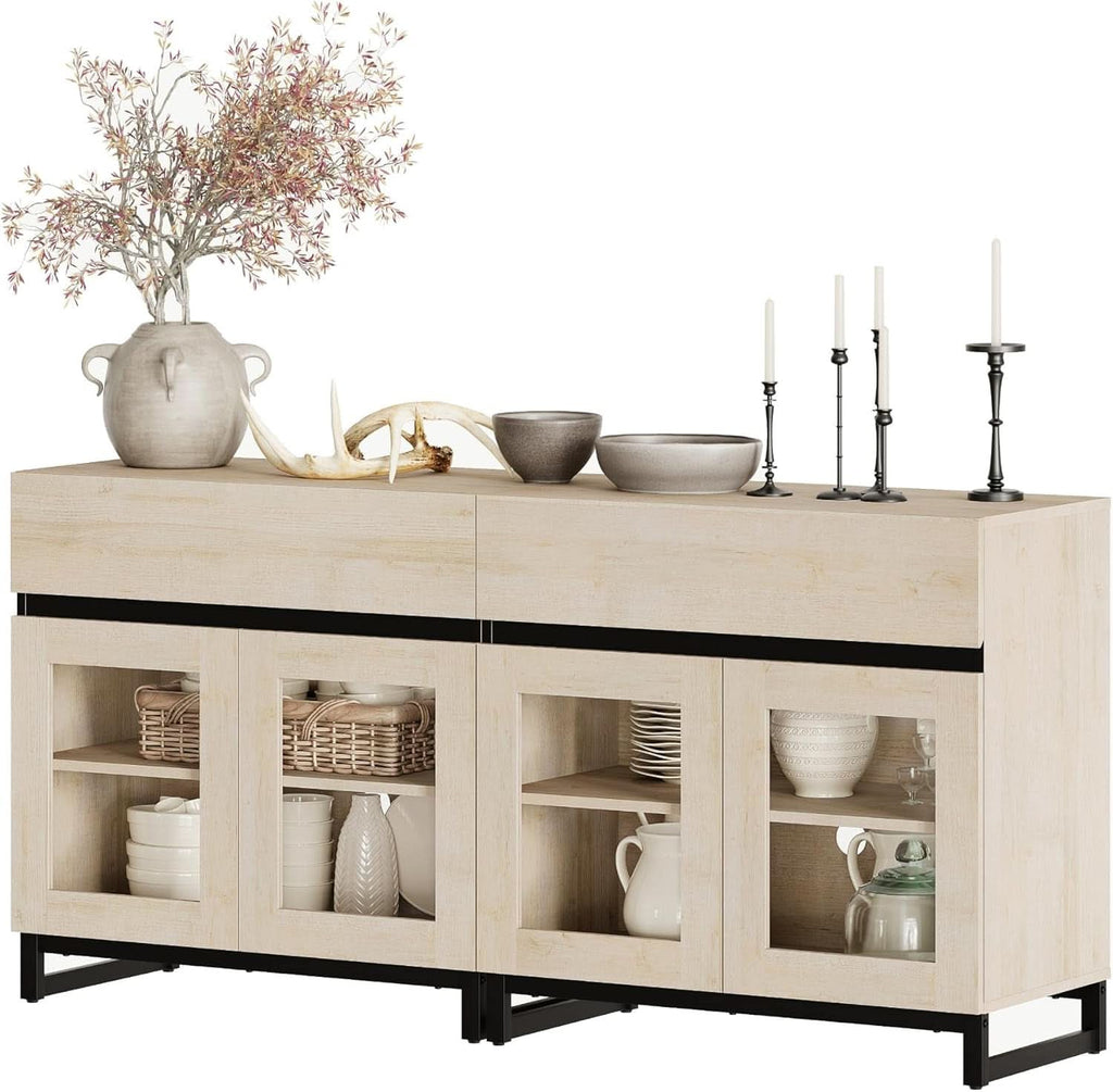 Oak Sideboard Buffet With Glass Doors Light Finish