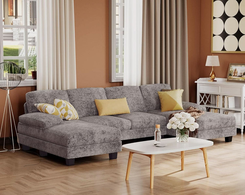 Grey Linen U-Shaped Sectional Sofa with Double Chaise