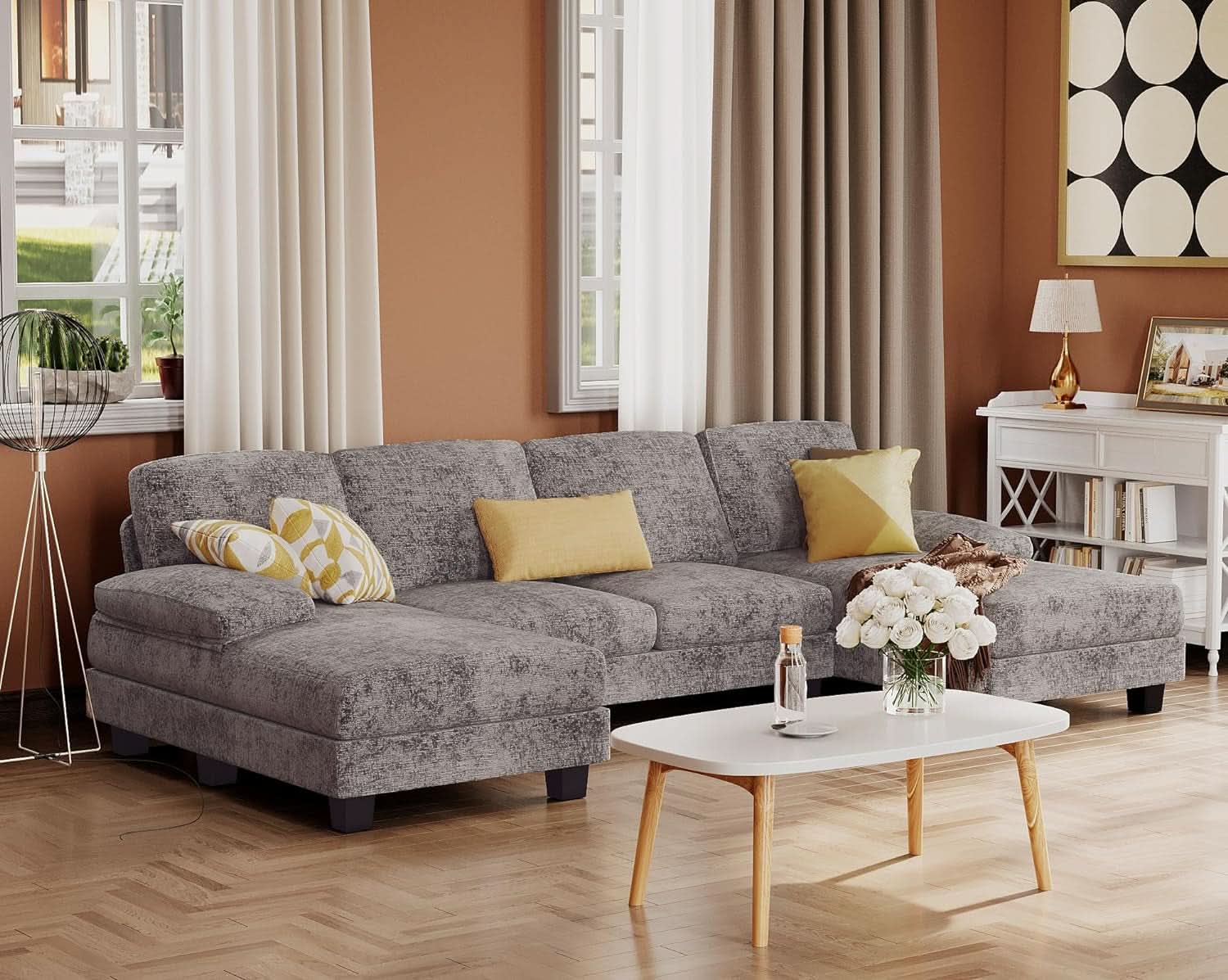 Grey Linen U-Shaped Sectional Sofa with Double Chaise