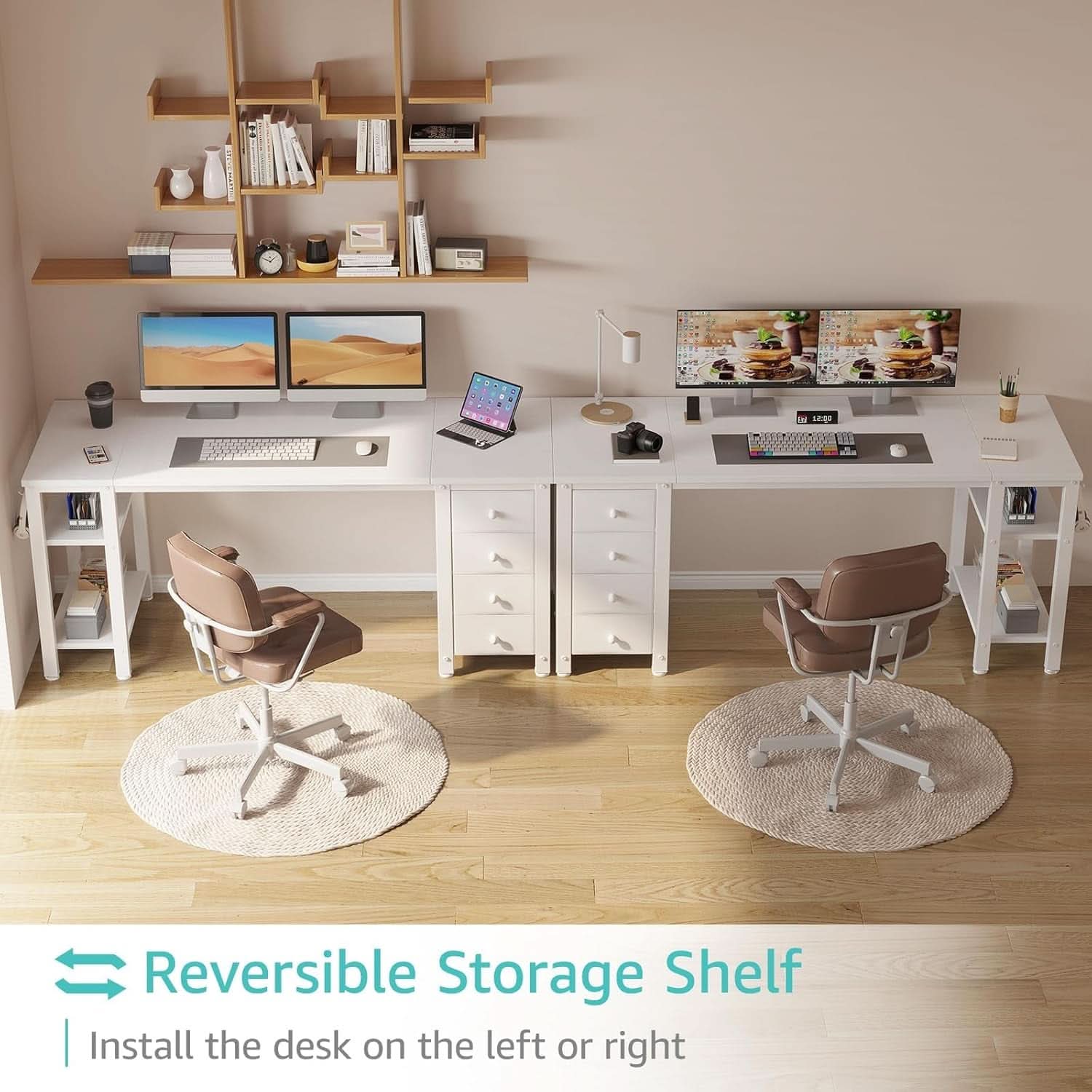 55 Inch White Computer Desk With Fabric Drawers And Storage