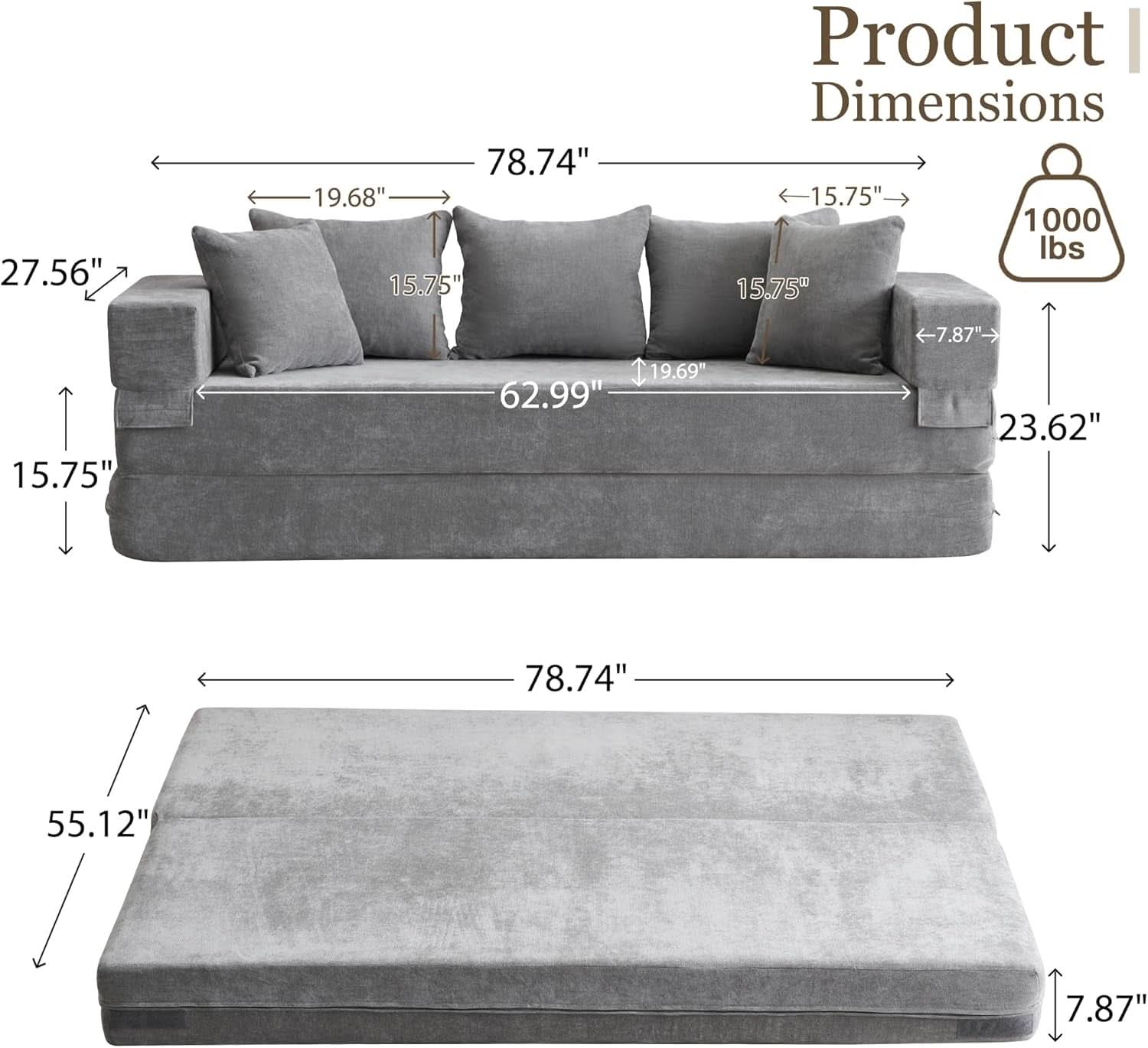 4 In 1 Convertible Folding Sofa Bed With Pillows