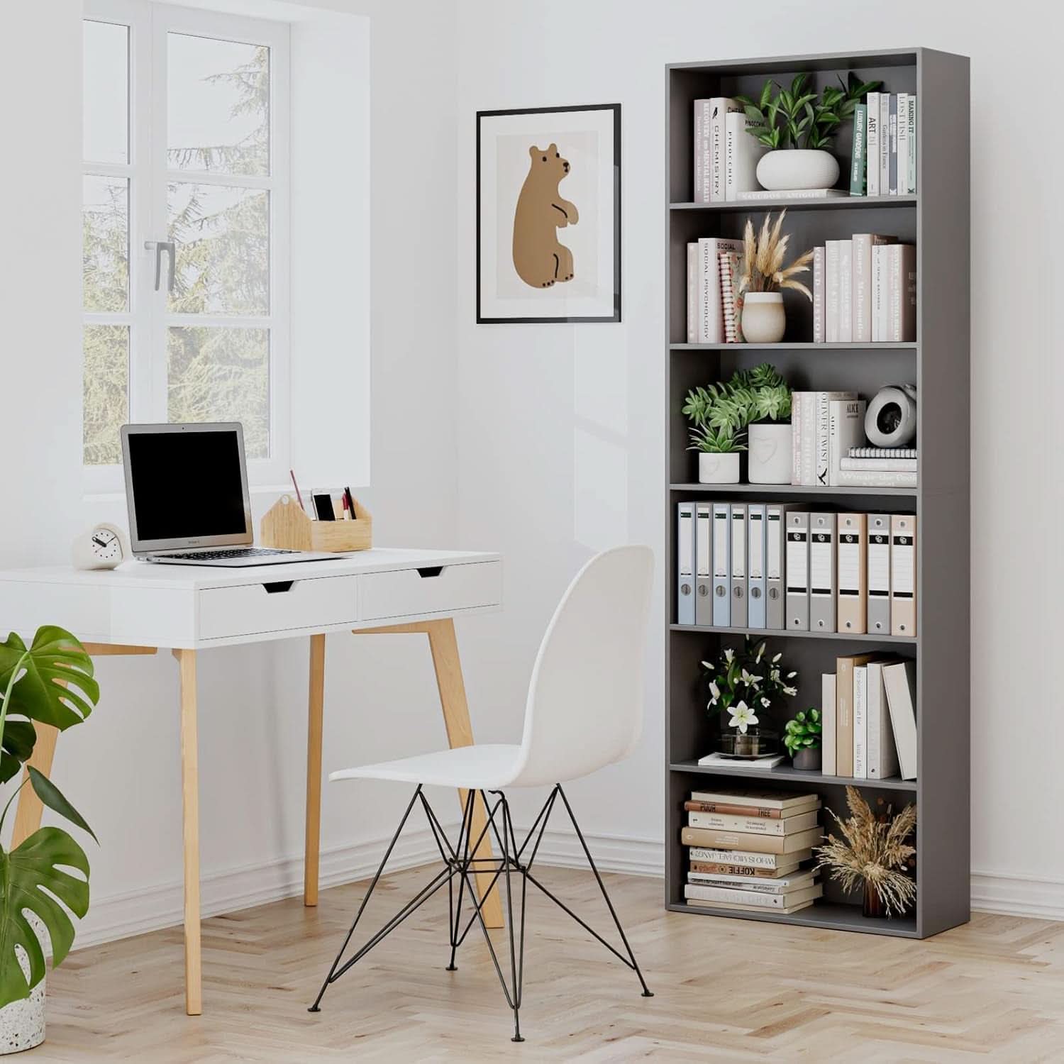 Six Tier Open Bookcase Freestanding Dark Gray Storage