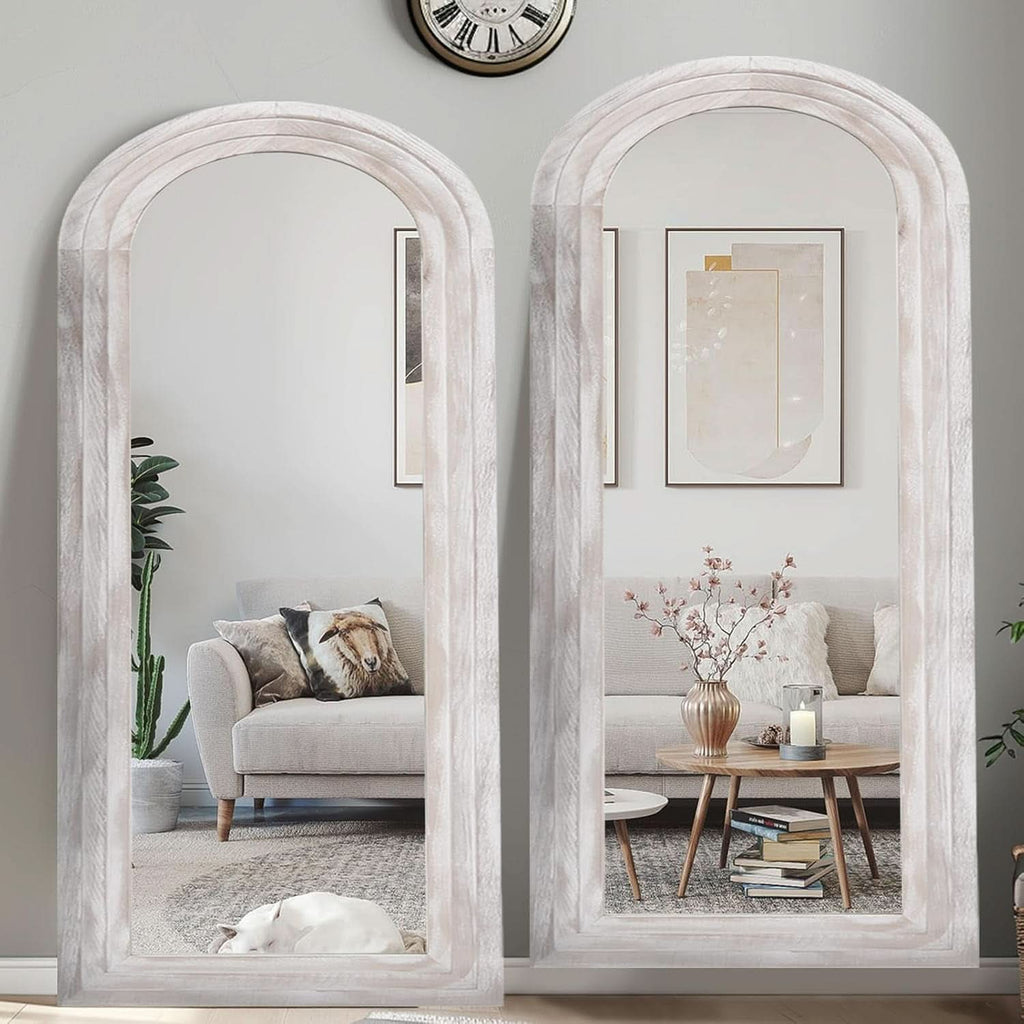 Arched Full Length Mirror With Solid Wood Frame 71x32 Rustic White
