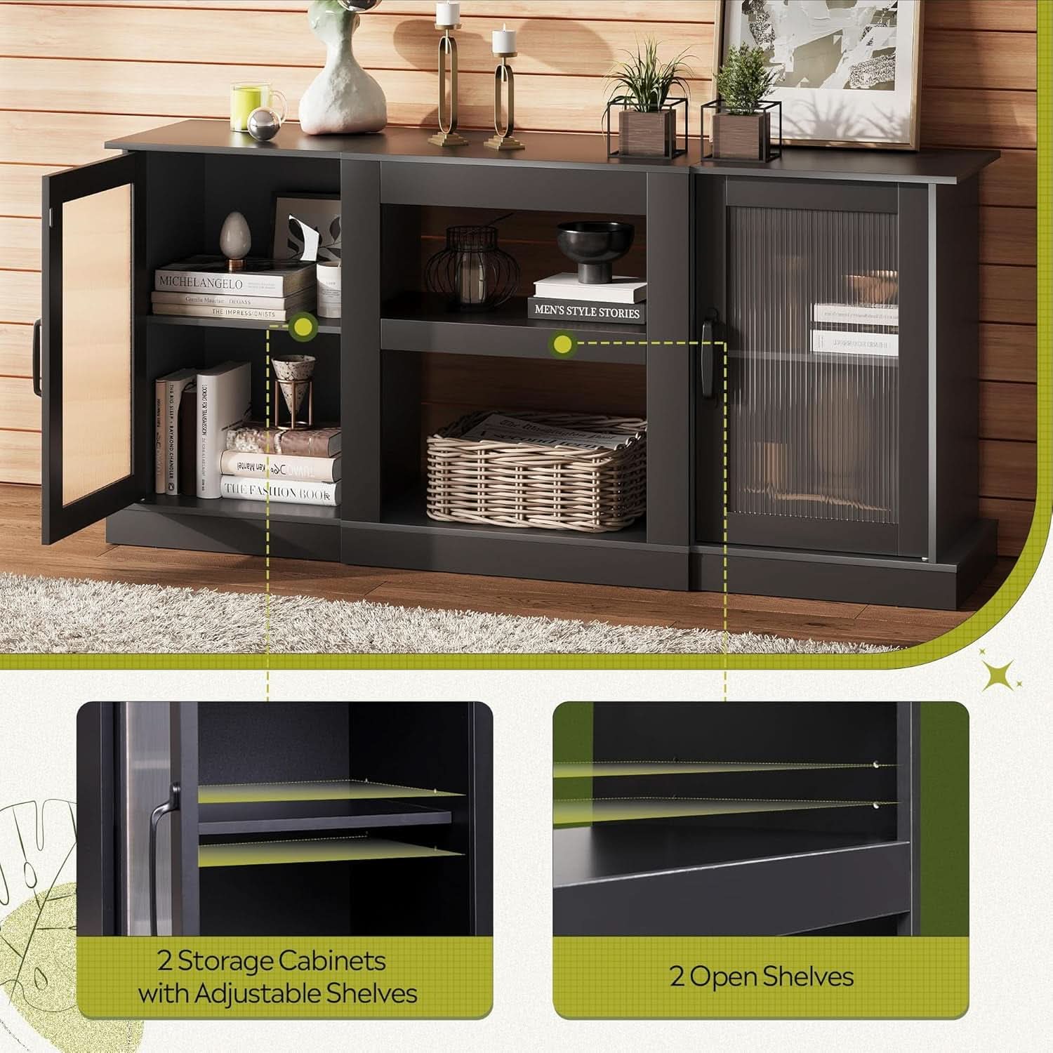 Retro TV Stand For 65 Inch TV With Storage And Open Shelves Black
