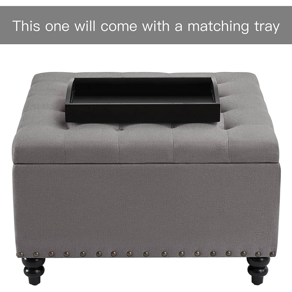 Grey Tufted Storage Ottoman With Tray Square Coffee Table