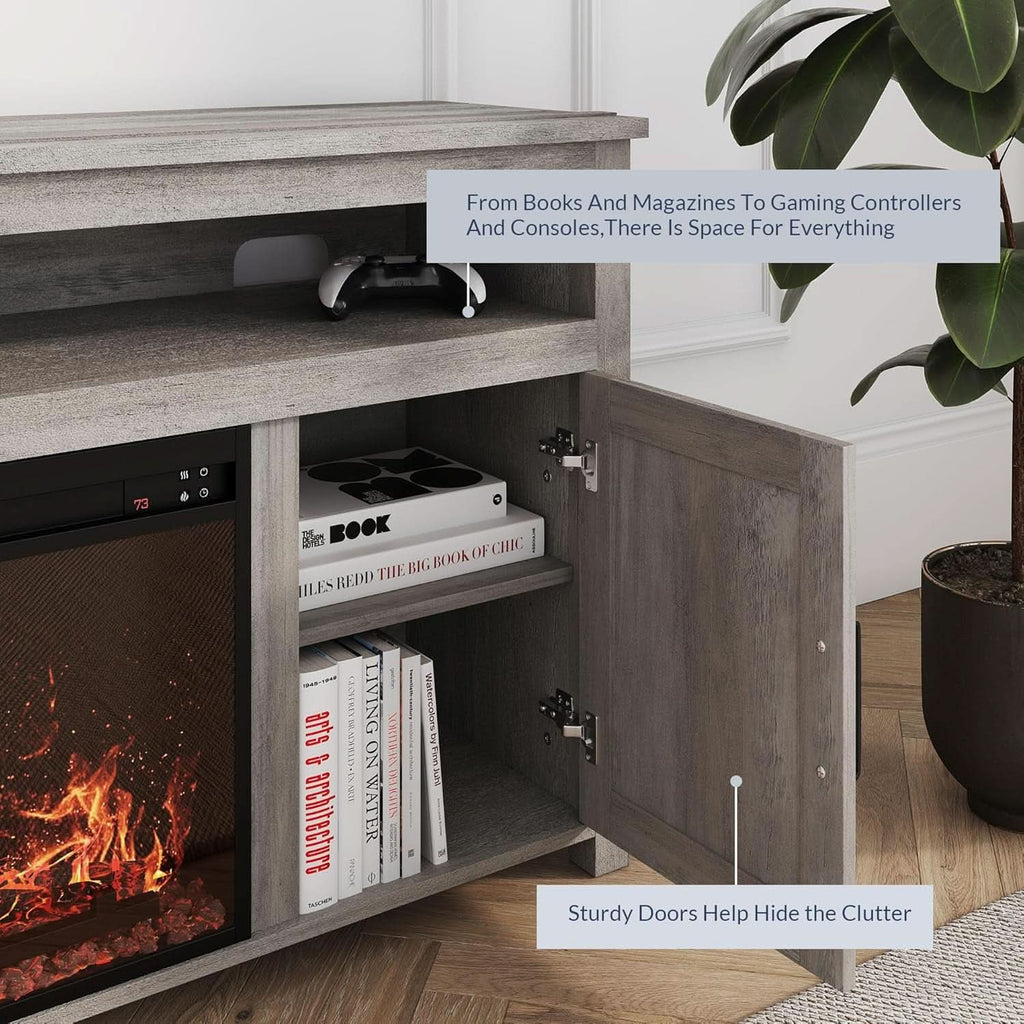 Barn Door Electric Fireplace TV Stand For 65 Inch TVs Gray