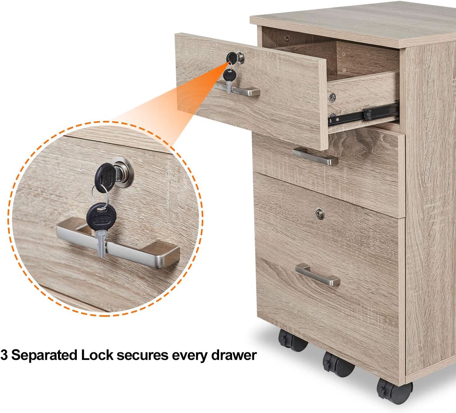 Oak 26 Inch High 3 Drawer File Cabinet With Lock For Letter Size Files And Mobile Under Desk