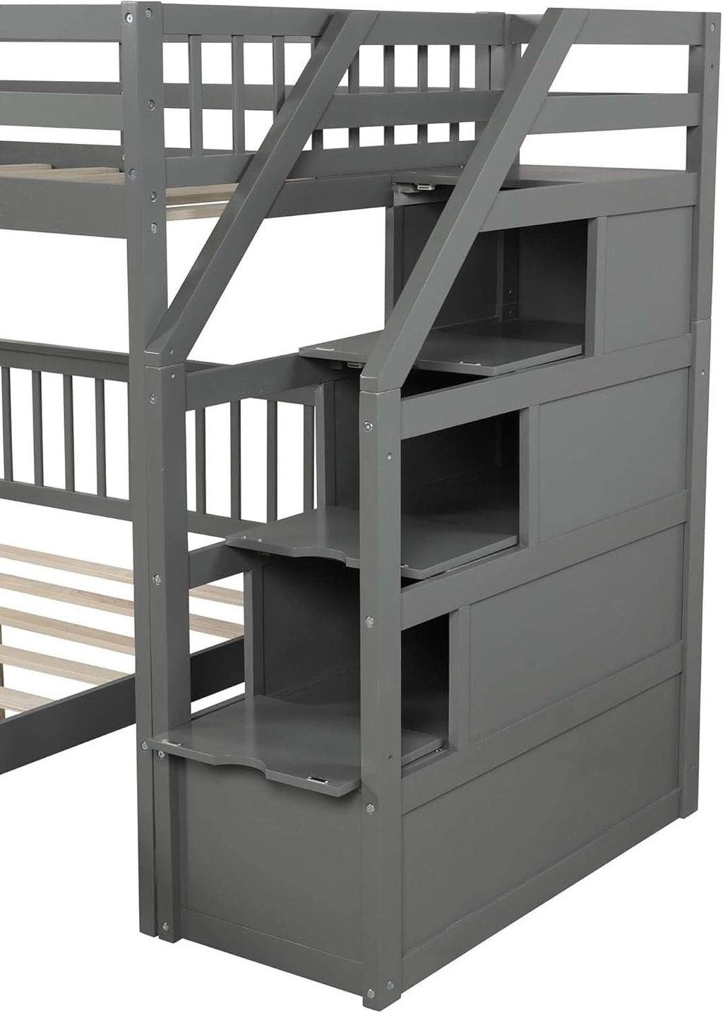 Gray Twin Over Full Bunk Bed With Storage Stairs Solid Wood