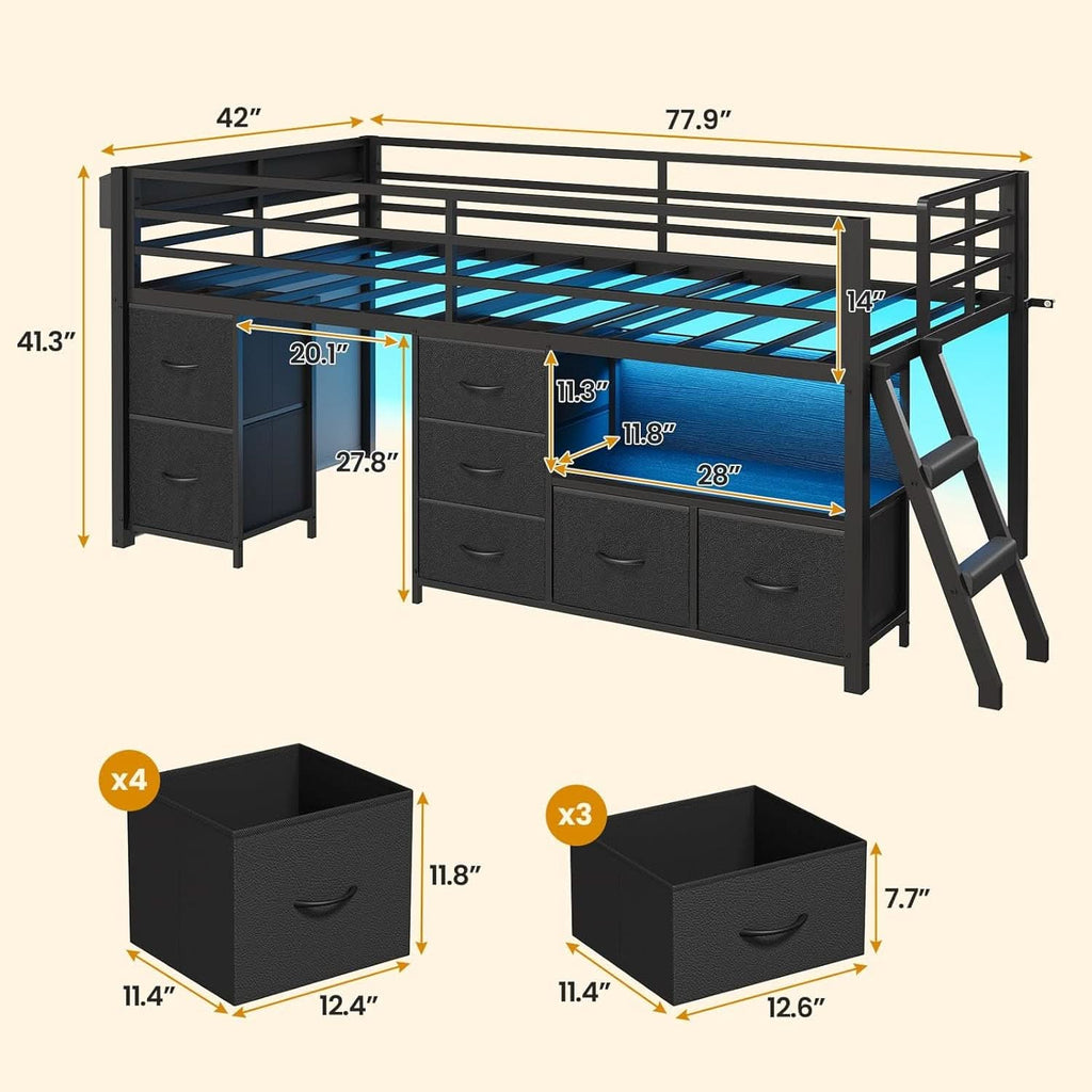 Twin Loft Bed With LED Lights And Storage Drawers Included