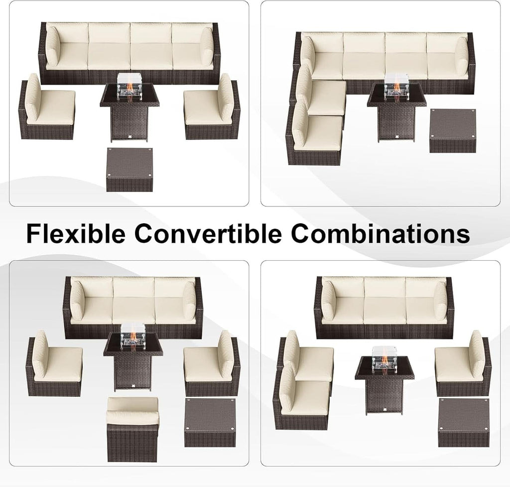 8 Piece Wicker Patio Furniture Set with Fire Pit