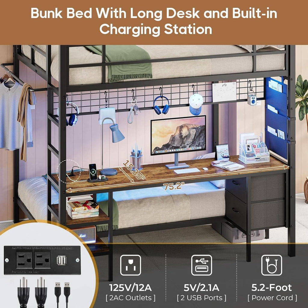 Black Full Over Twin Metal Bunk Bed With Desk LED Lights