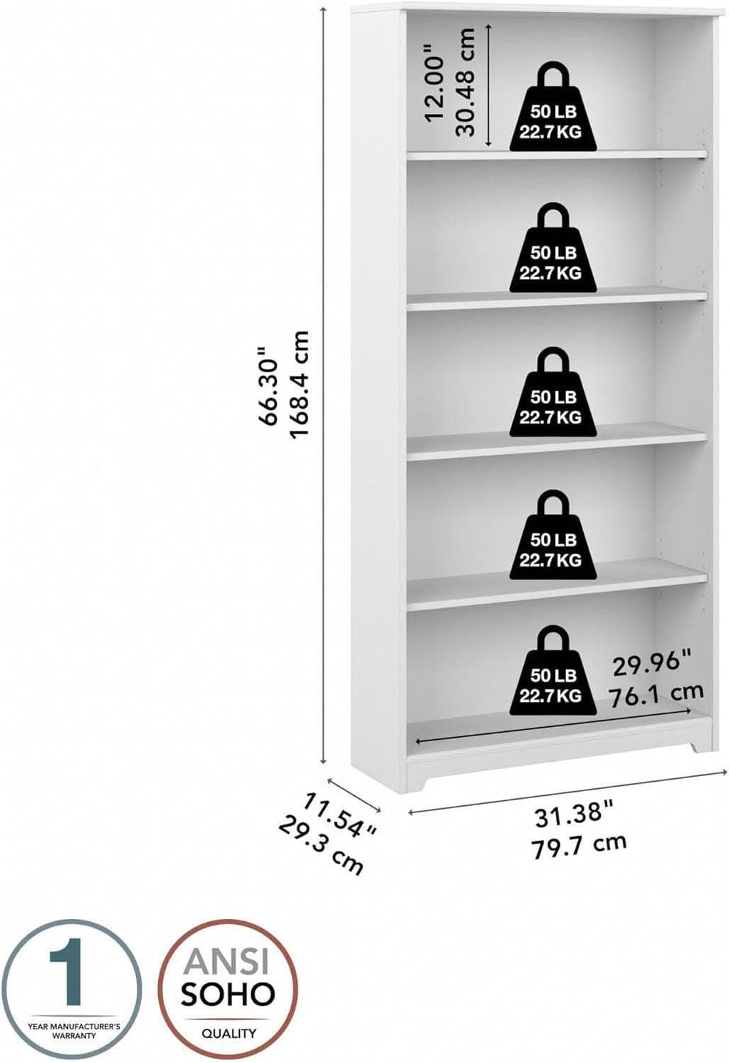 Bush Cabot White Tall Five Shelf Bookcase Unit With Adjustable Shelves