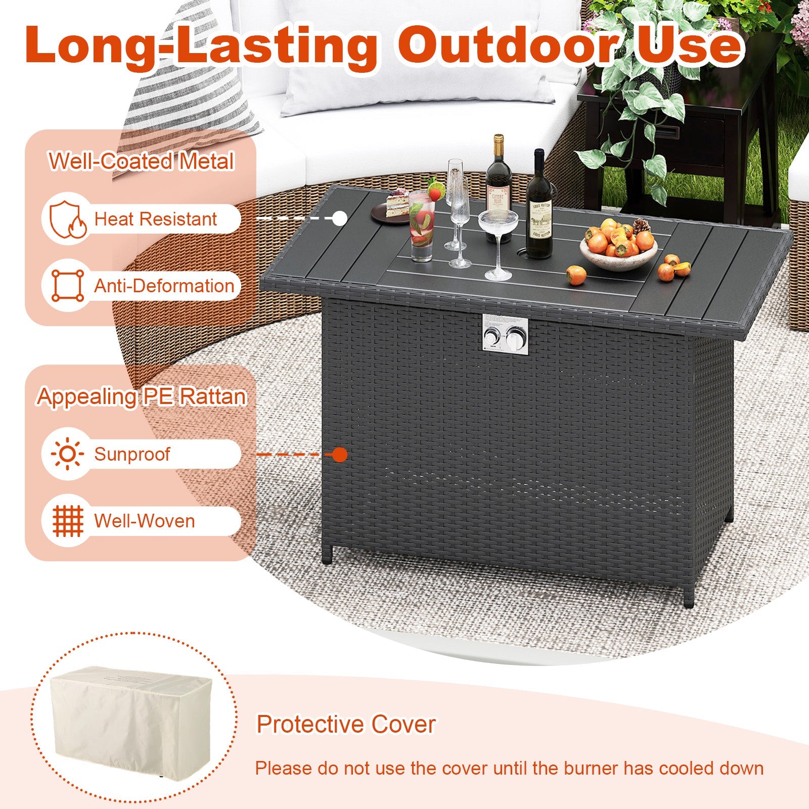 44.5 Inch Propane Fire Pit Table Rattan Gas 2-in-1 with Stainless Steel Burner