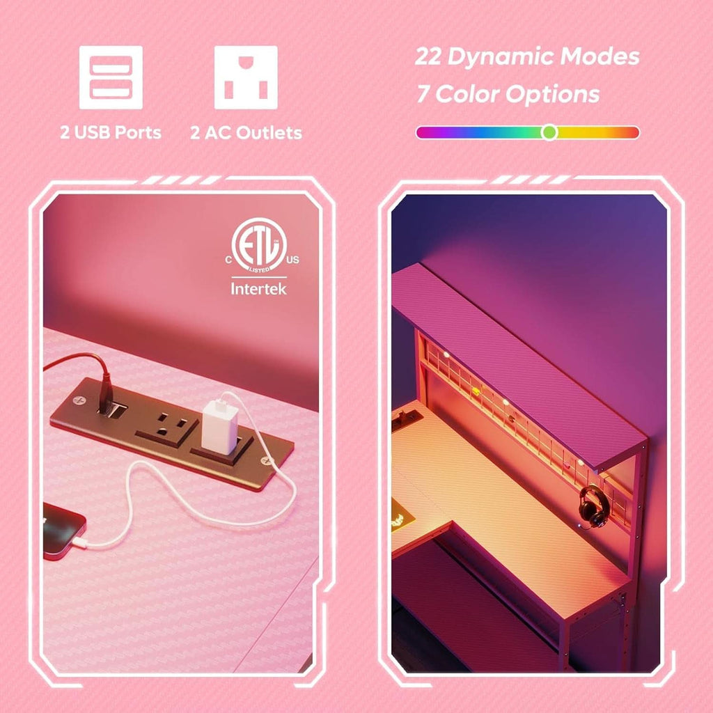 51 Inch L Shaped Gaming Desk Pink With Power Outlets And LED Lights