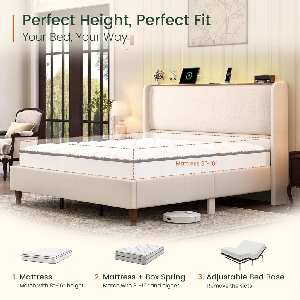 Queen Size Upholstered Bed Frame With LED Lights And USB