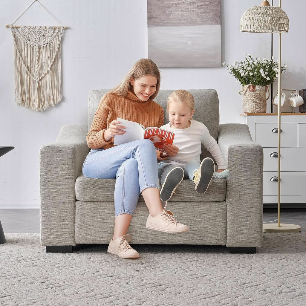 47 Inch Linen Fabric Armchair Pair Oversized Oatmeal