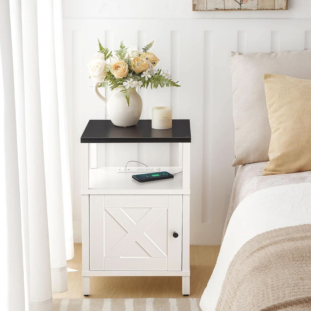White Farmhouse Bedside Nightstand With USB Type C Ports