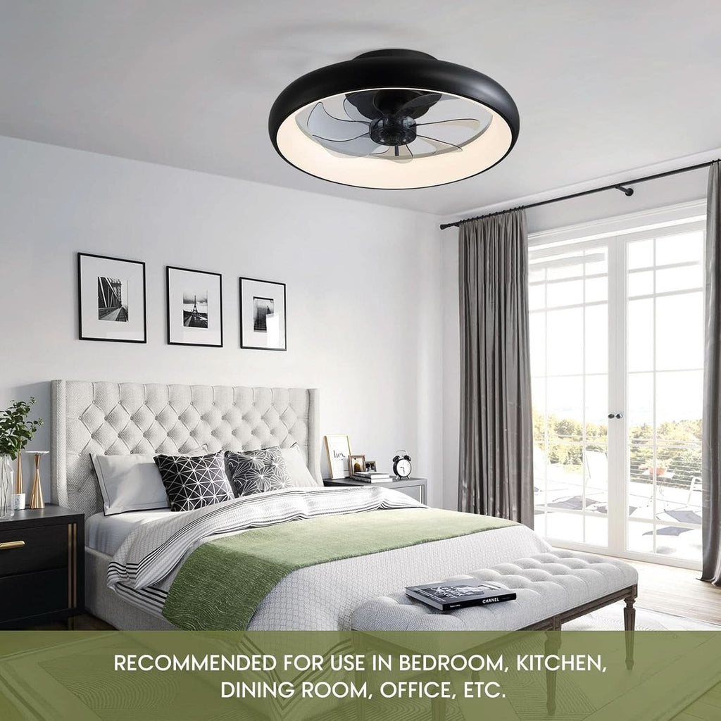20 Inch Black Flush Mount Ceiling Fan With Dimmable Lights