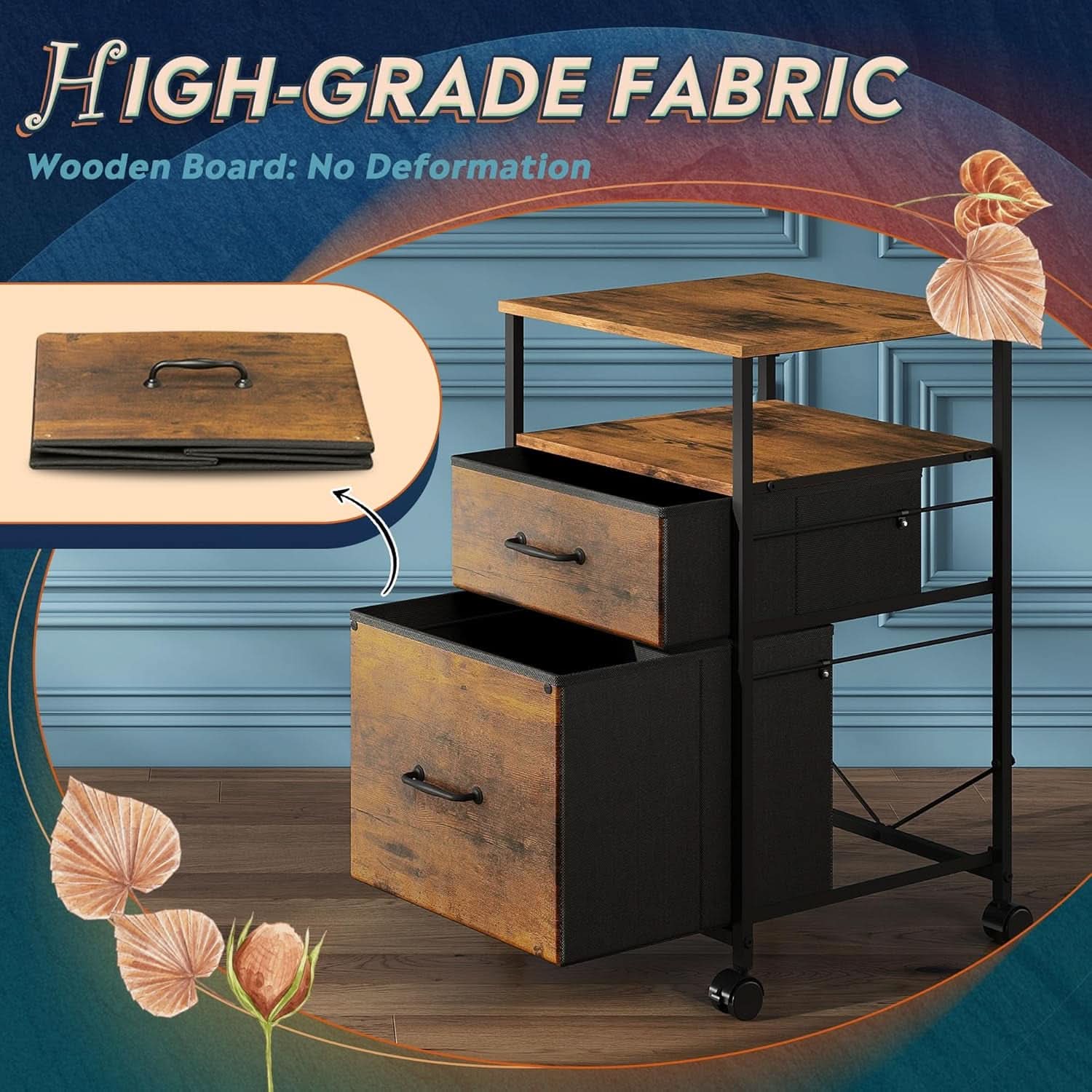 2 Drawer Mobile File Cabinet With Open Shelf Rolling Printer Stand For A4 Or Letter Size Files Rustic Brown Wood Grain