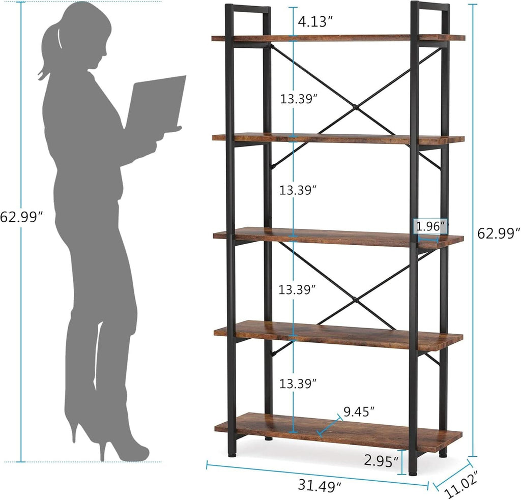 Industrial Rustic 5 Tier Etagere Bookshelf With Metal Frame
