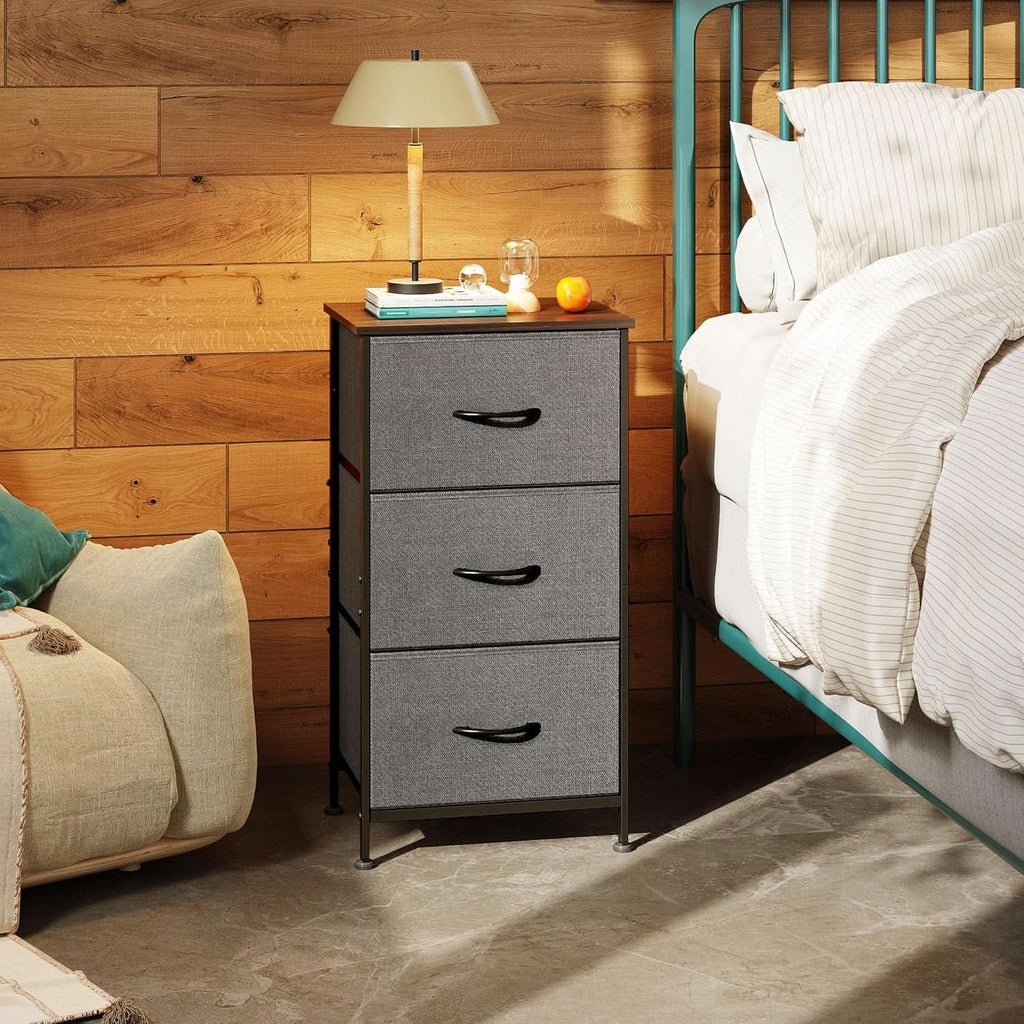 Dark Grey Dresser With 3 Drawers, Steel Frame, Wood Top