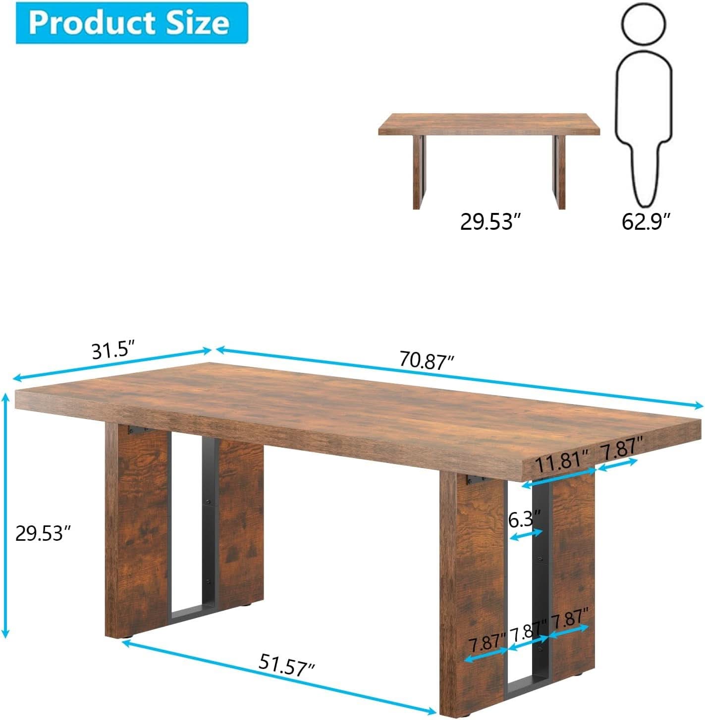 71 Inch Rustic Dining Table For 6 To 8 With Heavy Duty Legs