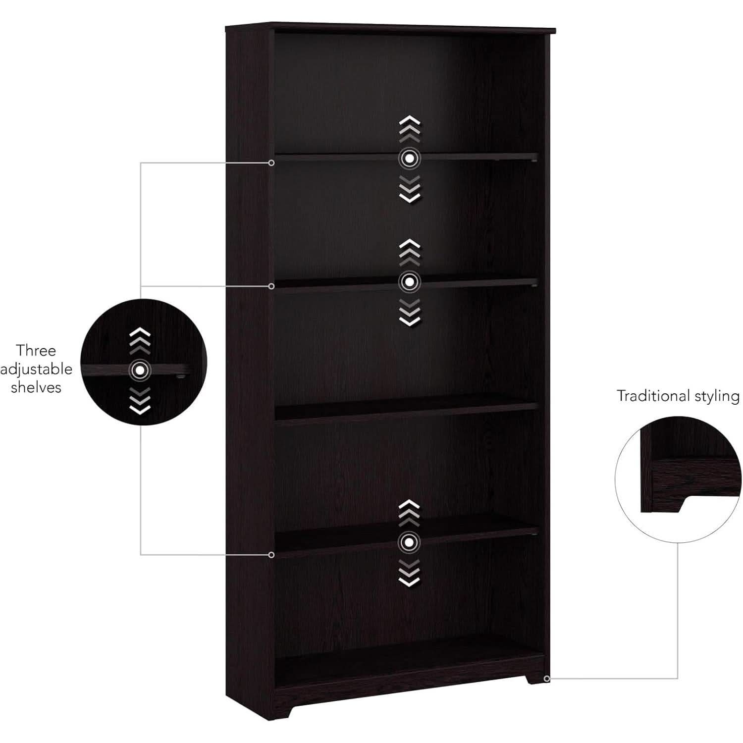Tall Five Shelf Bookcase Espresso Oak For Living Room