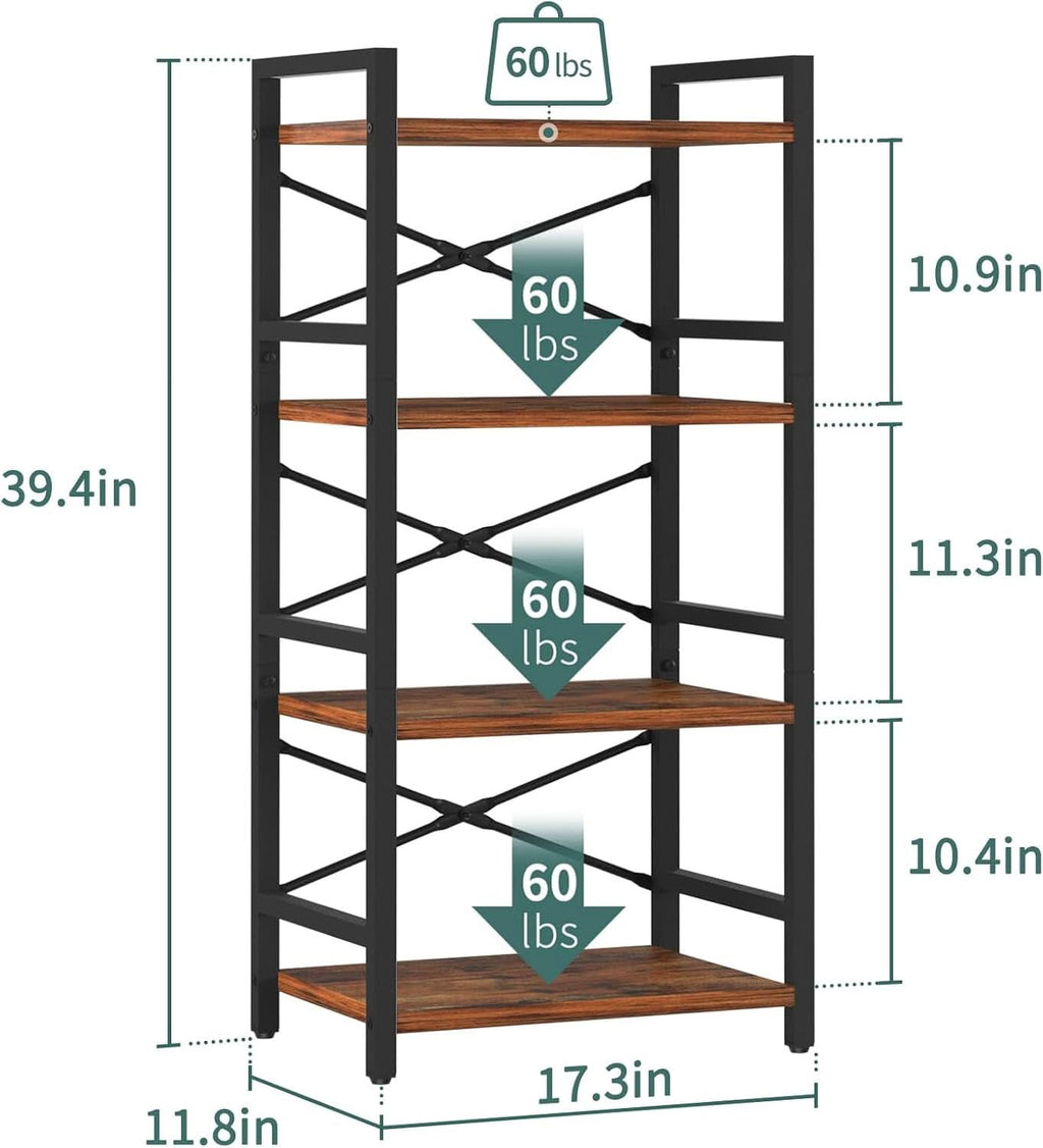 Industrial 4 Tier Narrow Bookcase Berry Brown Space Saving