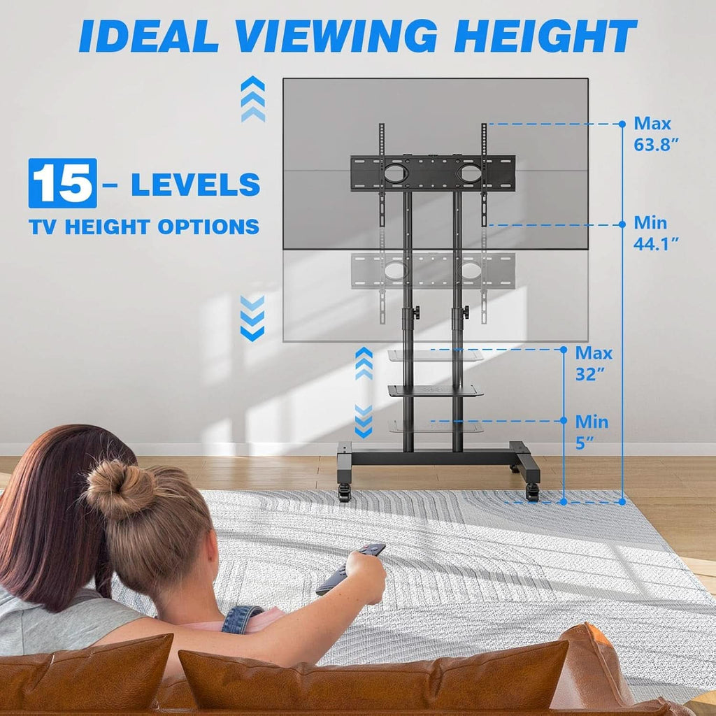Height Adjustable Mobile TV Cart For 32 To 83 Inch Screens With Locking Wheels