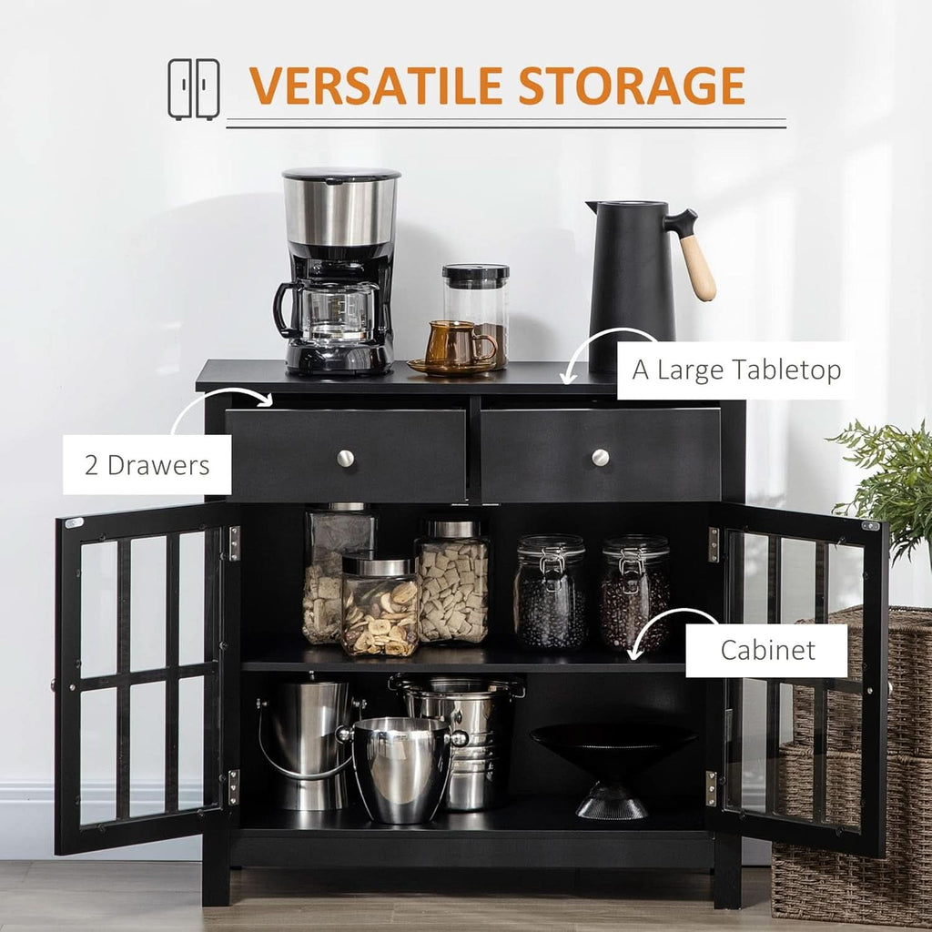 Black Glass Doors Sideboard Buffet Cabinet With Drawers